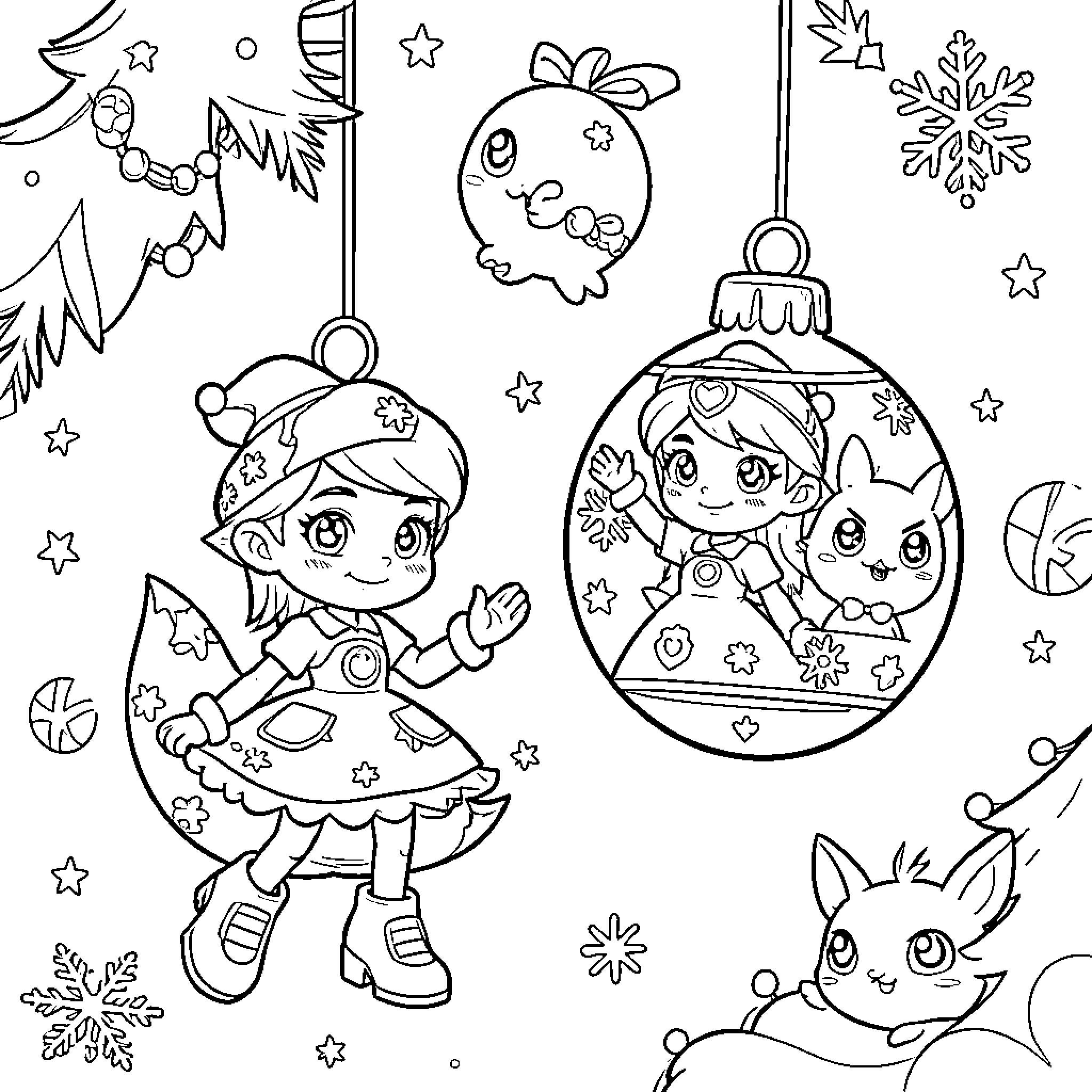 Ornament featuring cute characters in a festive scene Coloring Page (free black-and-white line drawing printable PDF for all, from beginners to advanced learners, including children, teens, adults, and seniors)