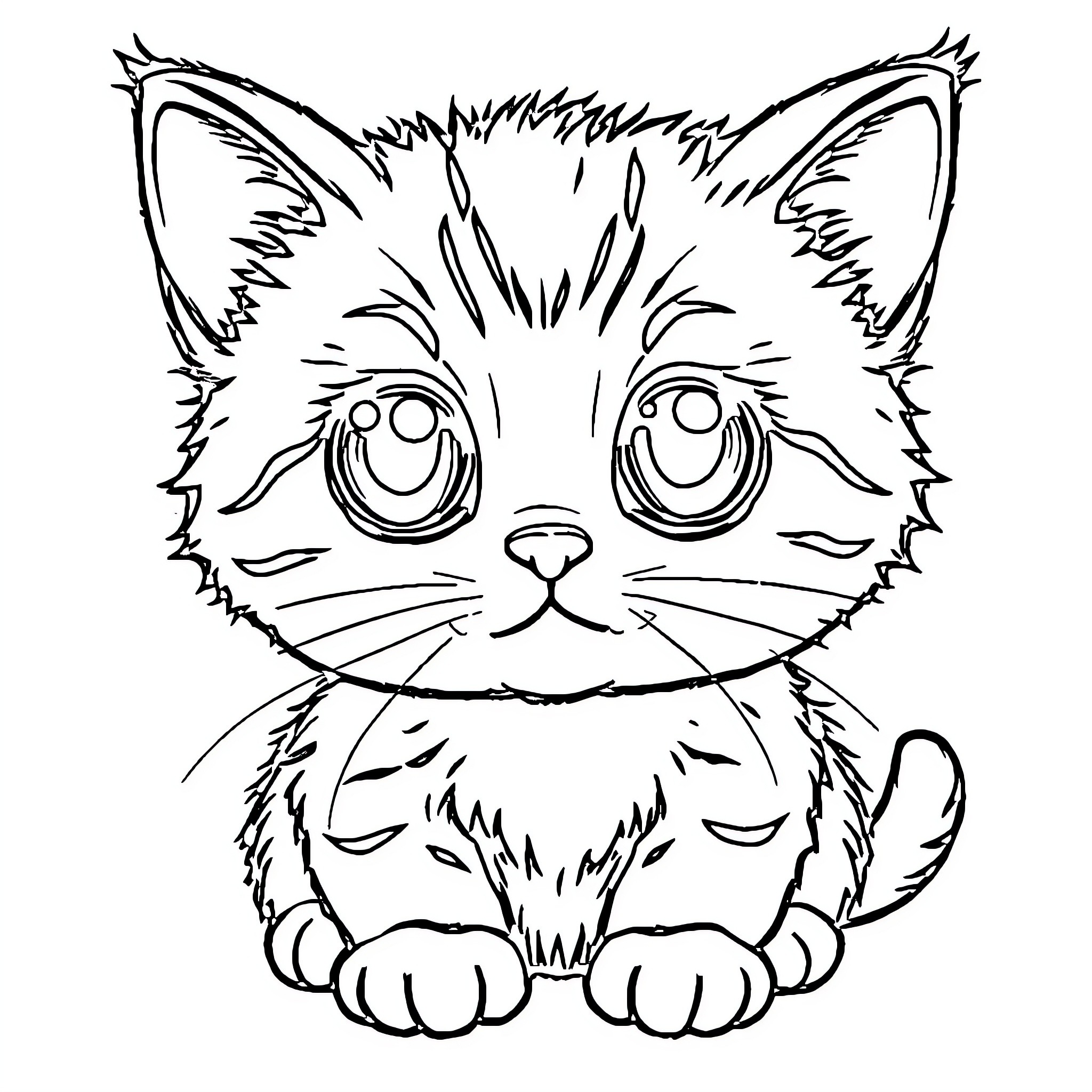 Kitten with Curious Expression Coloring Page (free black-and-white line drawing printable PDF for all, from beginners to advanced learners, including children, teens, adults, and seniors)