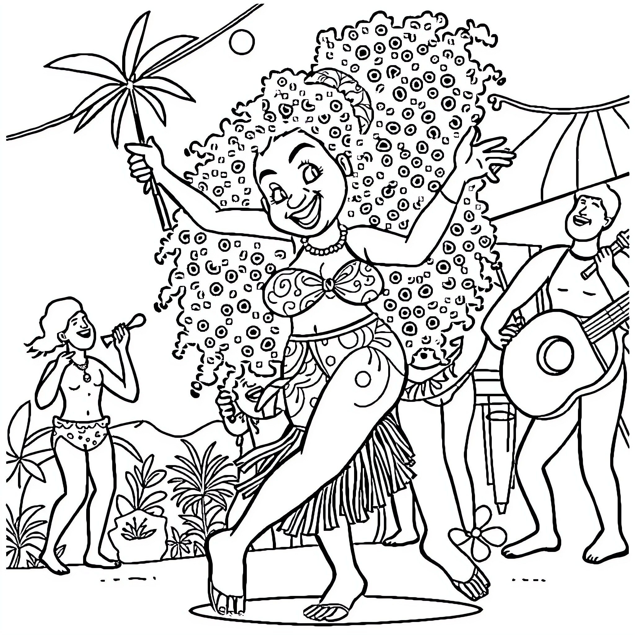 Tchoupi's Tropical Celebration Coloring Page (free black-and-white line drawing printable PDF for all, from beginners to advanced learners, including children, teens, adults, and seniors)