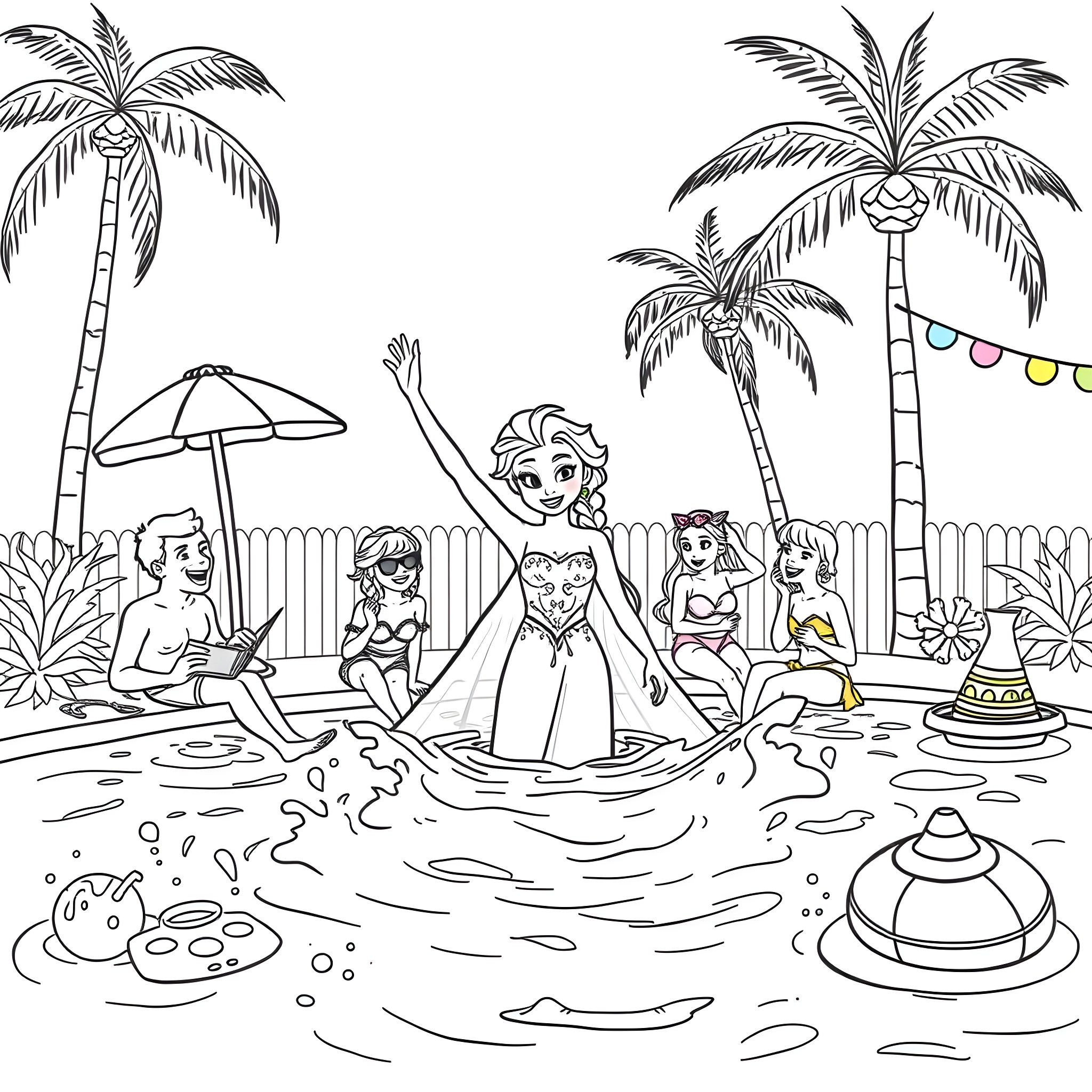 Elsa's beach party with friends Coloring Page (free black-and-white line drawing printable PDF for all, from beginners to advanced learners, including children, teens, adults, and seniors)