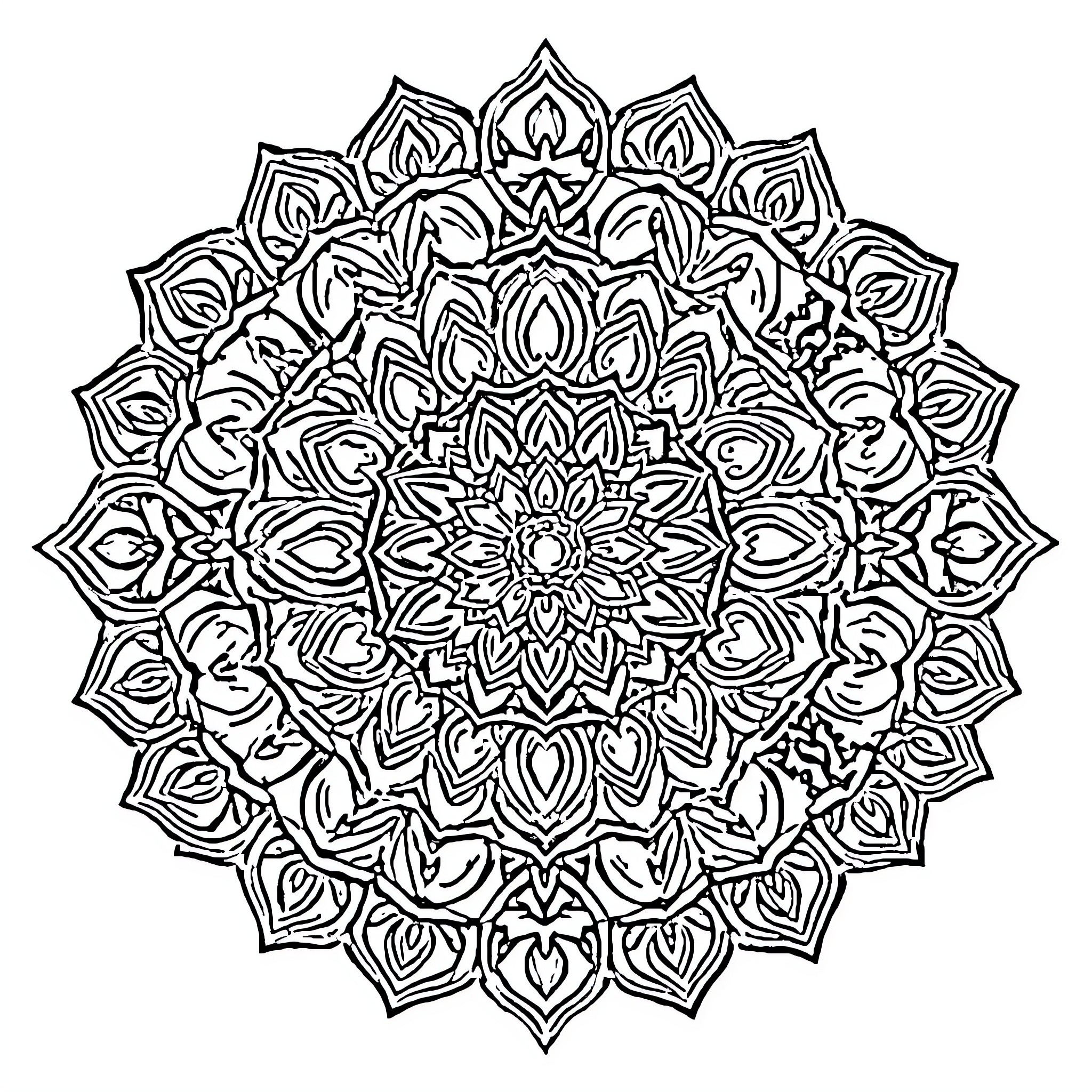 Mandala with intricate floral patterns and symmetry Coloring Page (free black-and-white line drawing printable PDF for all, from beginners to advanced learners, including children, teens, adults, and seniors)