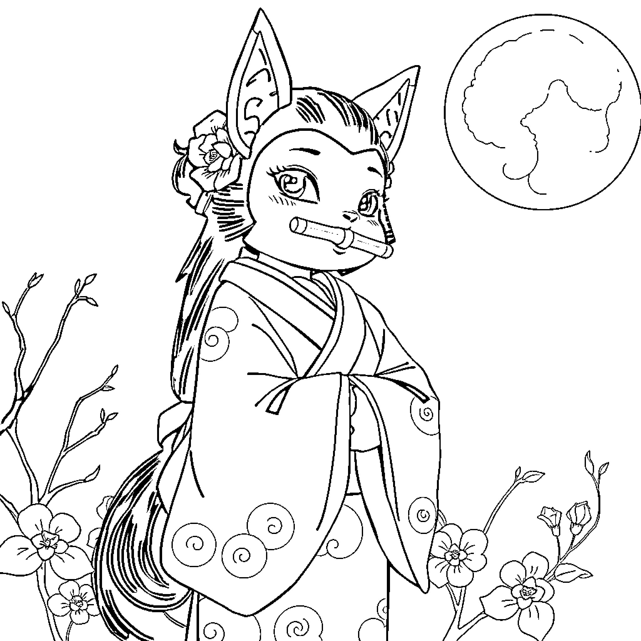 Nezuko in traditional Japanese outfit and floral accessories Coloring Page (free black-and-white line drawing printable PDF for all, from beginners to advanced learners, including children, teens, adults, and seniors)