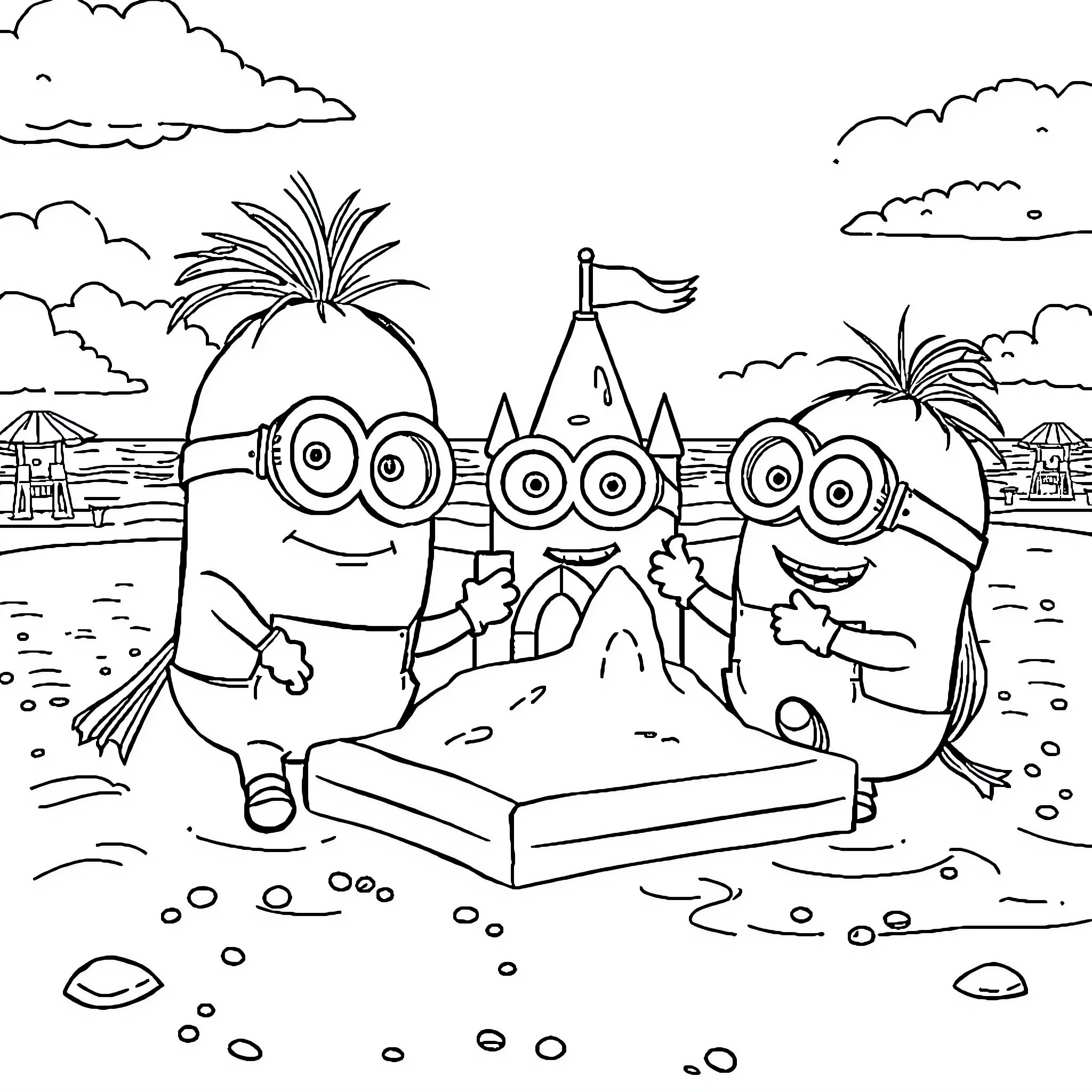 Minions relaxing and playing on the beach Coloring Page (free black-and-white line drawing printable PDF for all, from beginners to advanced learners, including children, teens, adults, and seniors)