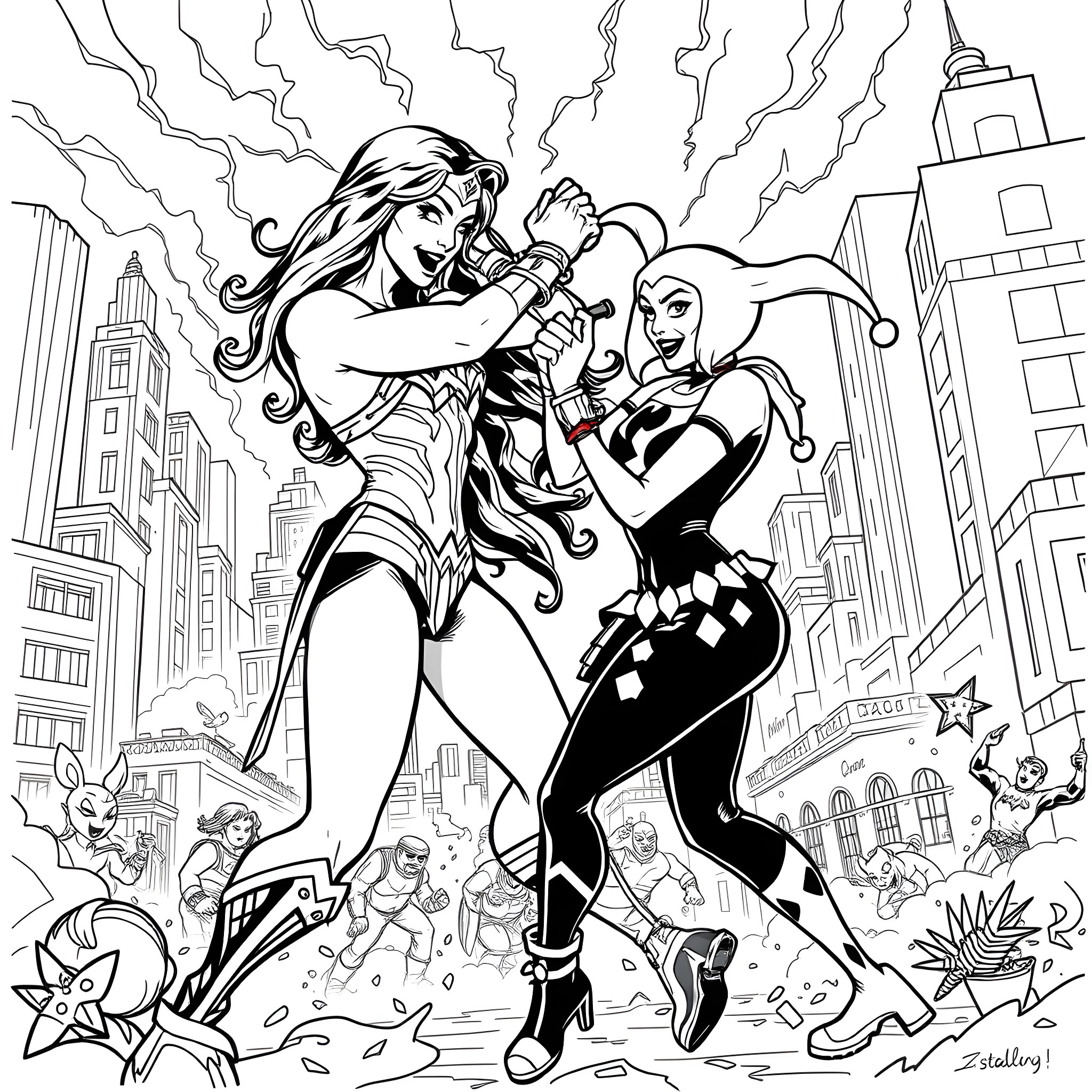 Wonder Woman and her sidekick battling enemies in the city Coloring Page (free black-and-white line drawing printable PDF for all, from beginners to advanced learners, including children, teens, adults, and seniors)