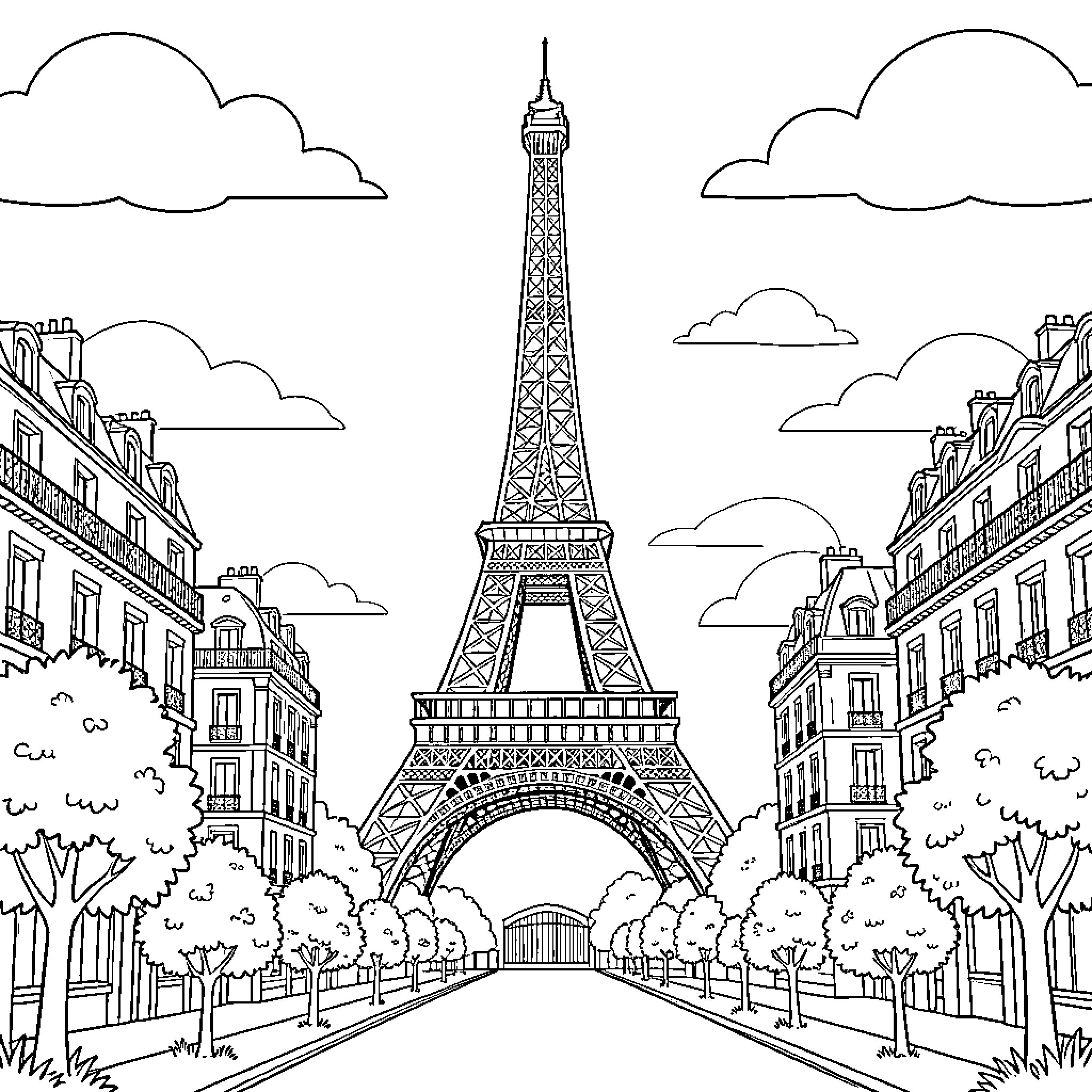 Eiffel Tower in a Parisian Cityscape Coloring Page (free black-and-white line drawing printable PDF for all, from beginners to advanced learners, including children, teens, adults, and seniors)