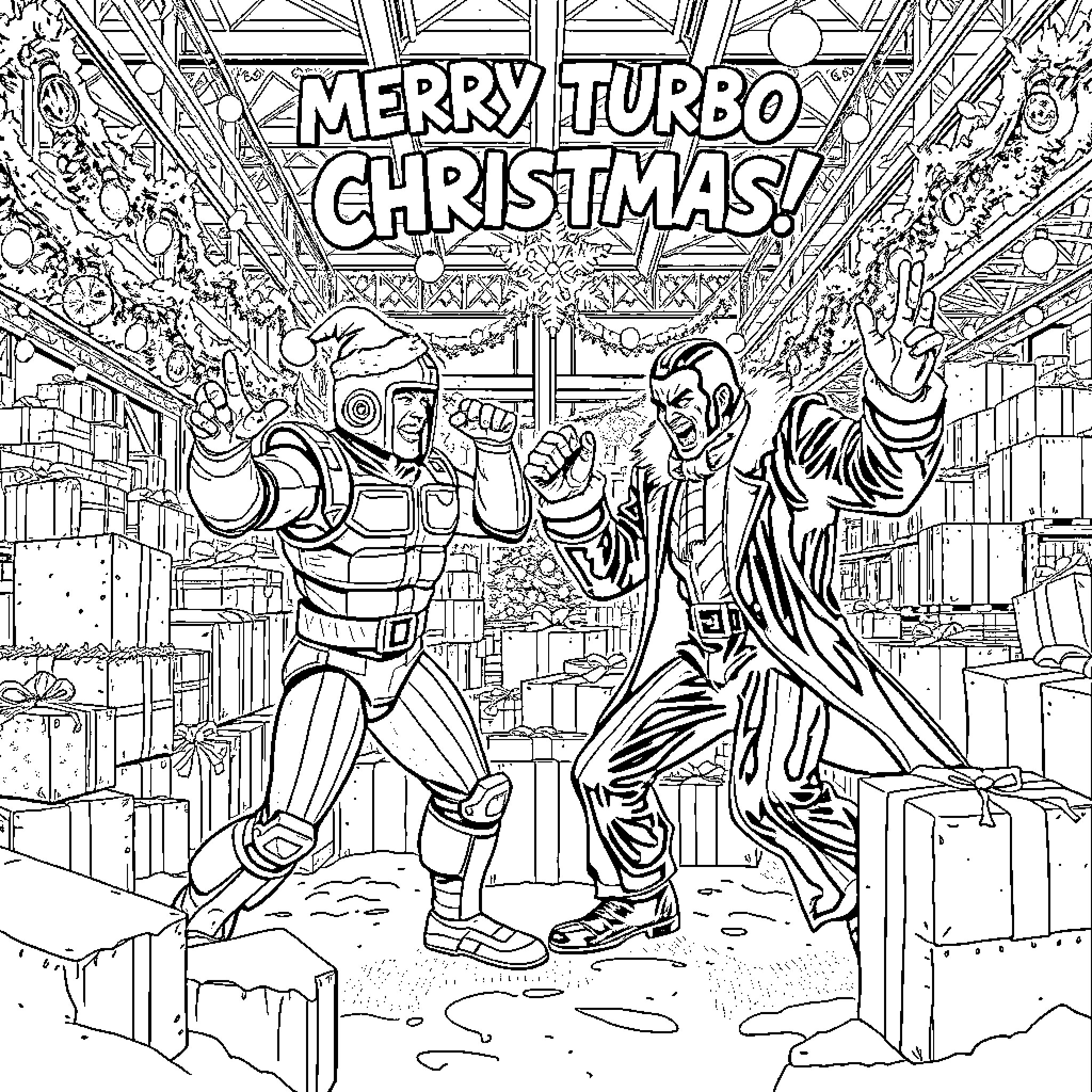 Turbo Man in Action-Packed Christmas Adventure Coloring Page (free black-and-white line drawing printable PDF for all, from beginners to advanced learners, including children, teens, adults, and seniors)