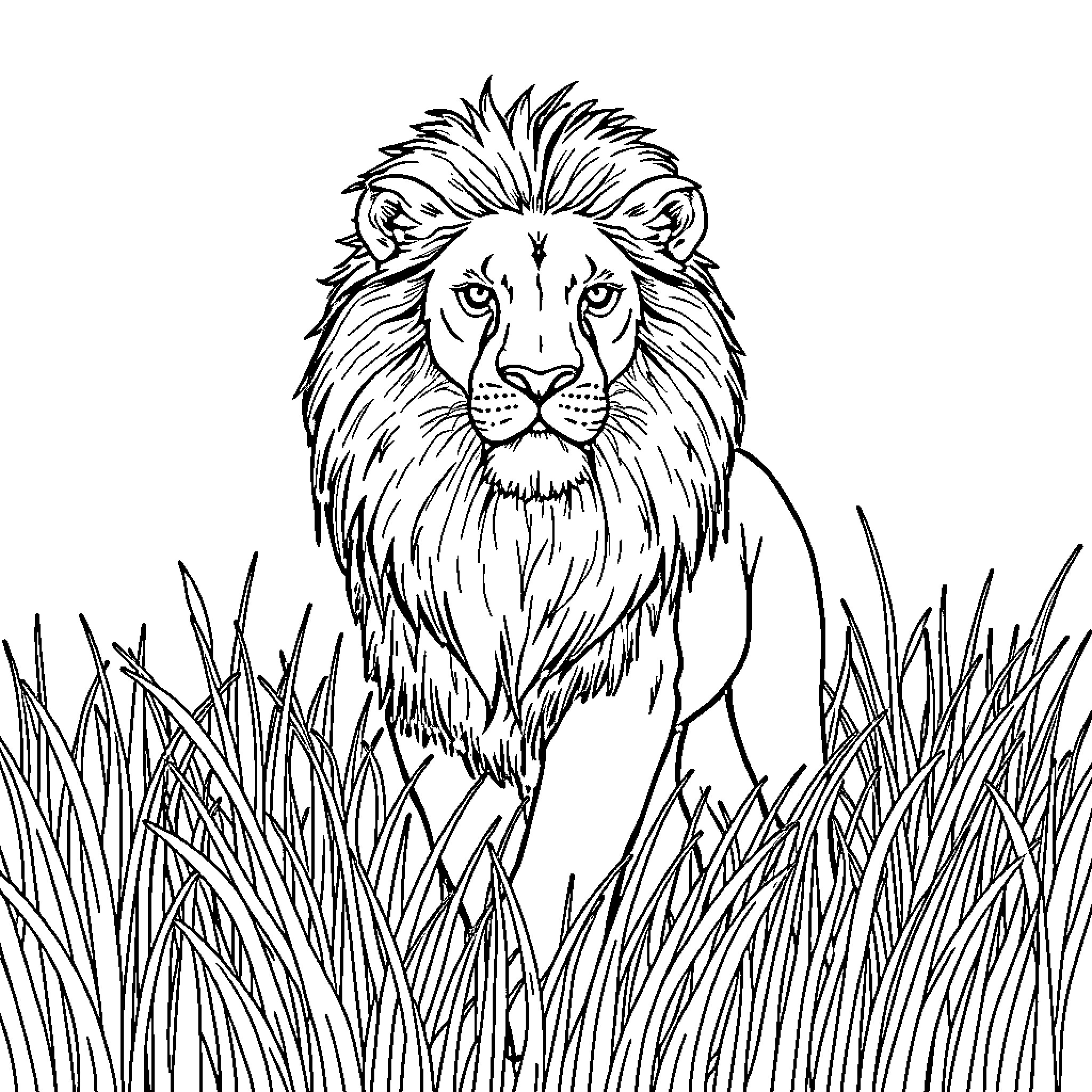 Lion in the Tall Grass Coloring Page (free black-and-white line drawing printable PDF for all, from beginners to advanced learners, including children, teens, adults, and seniors)
