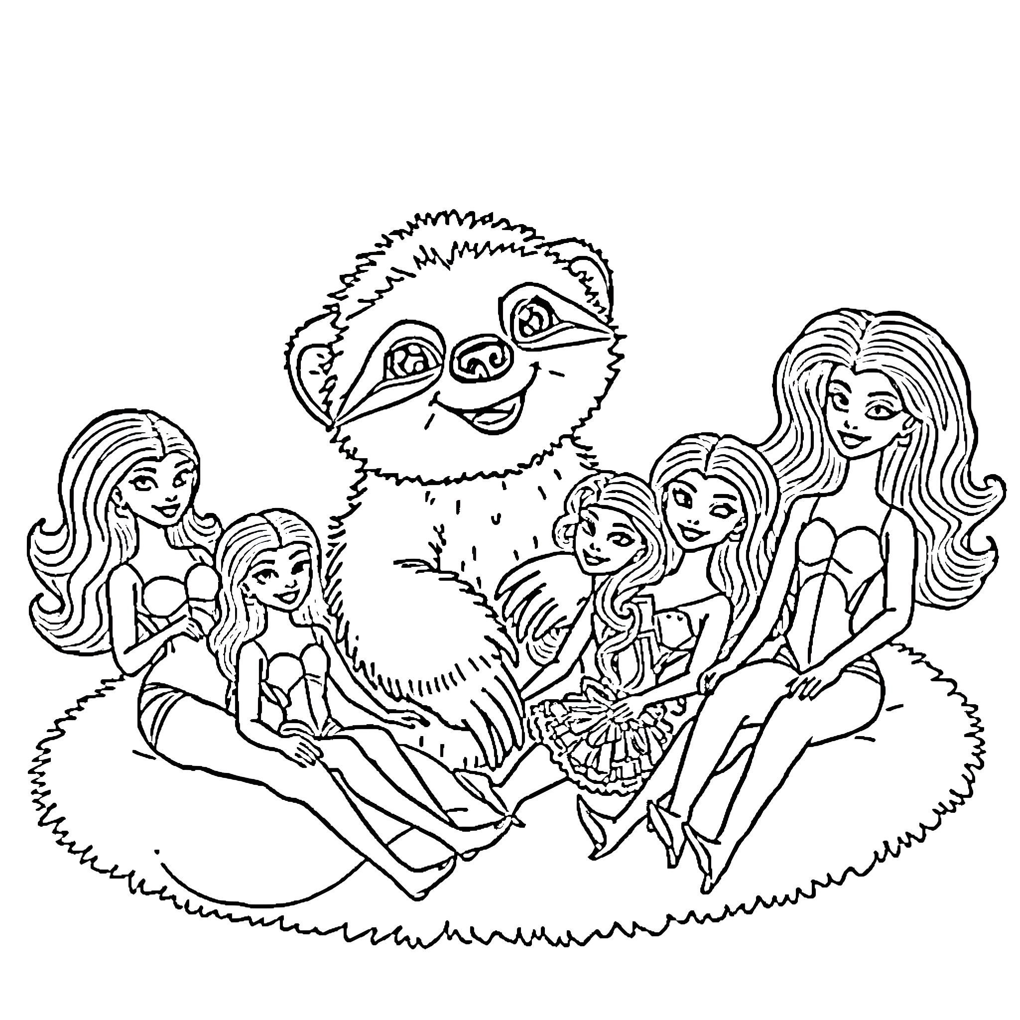 Sloth hanging out with playful girls Coloring Page (free black-and-white line drawing printable PDF for all, from beginners to advanced learners, including children, teens, adults, and seniors)