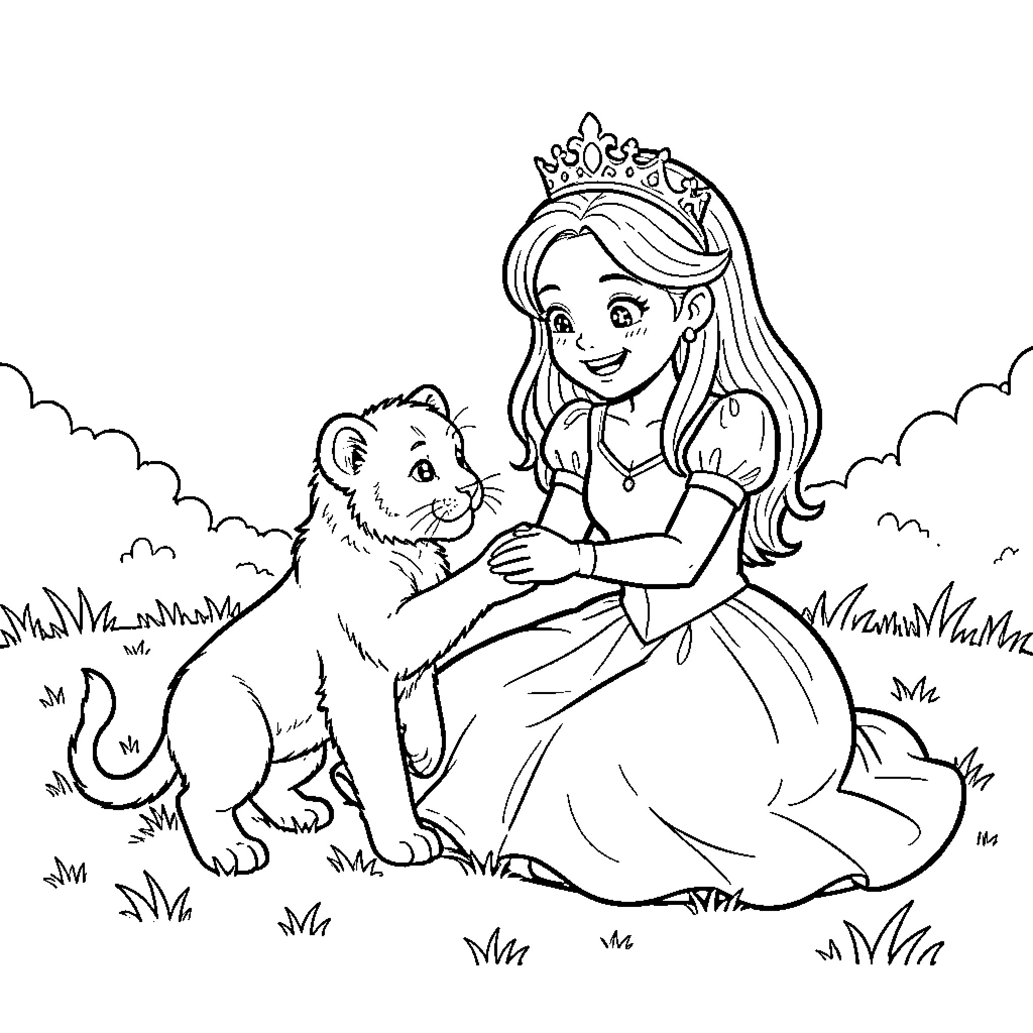 Princess interacting gently with a small animal Coloring Page (free black-and-white line drawing printable PDF for all, from beginners to advanced learners, including children, teens, adults, and seniors)
