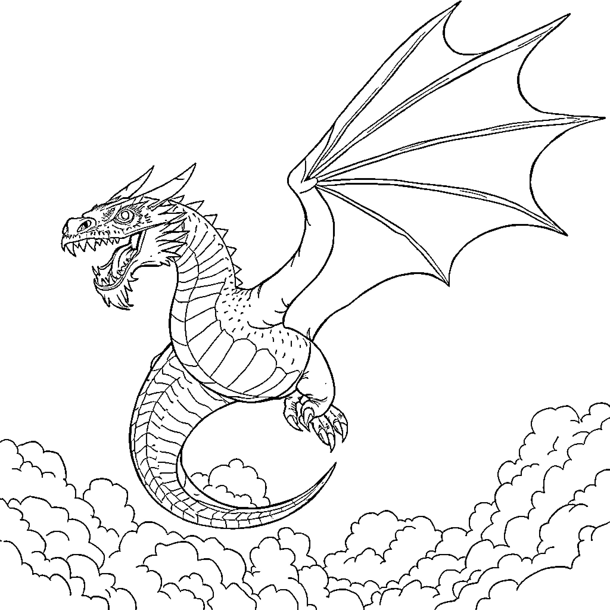 Dragon flying amidst clouds and sky Coloring Page (free black-and-white line drawing printable PDF for all, from beginners to advanced learners, including children, teens, adults, and seniors)