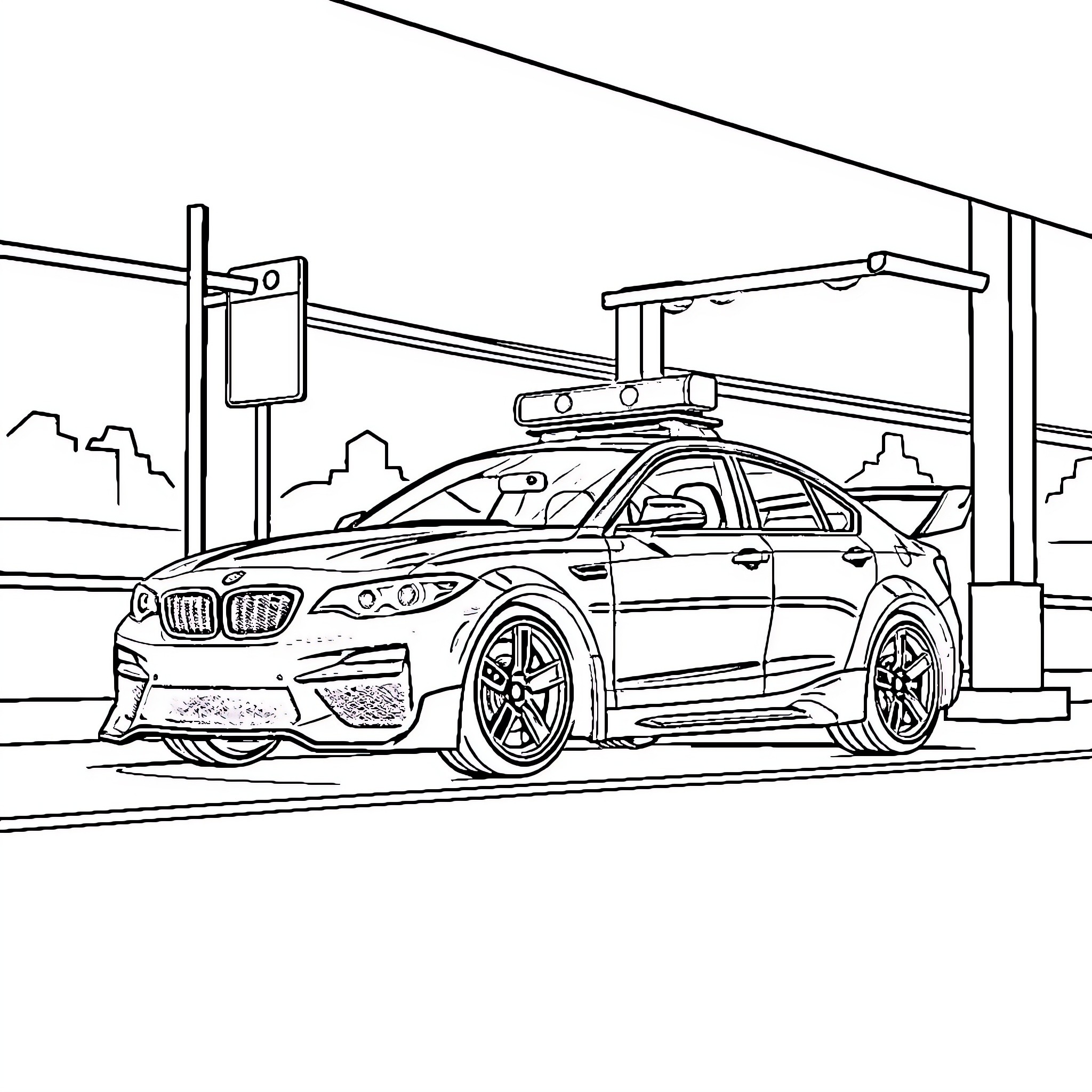 Vehiculo Deportivo with Sleek Design in Urban Setting Coloring Page (free black-and-white line drawing printable PDF for all, from beginners to advanced learners, including children, teens, adults, and seniors)