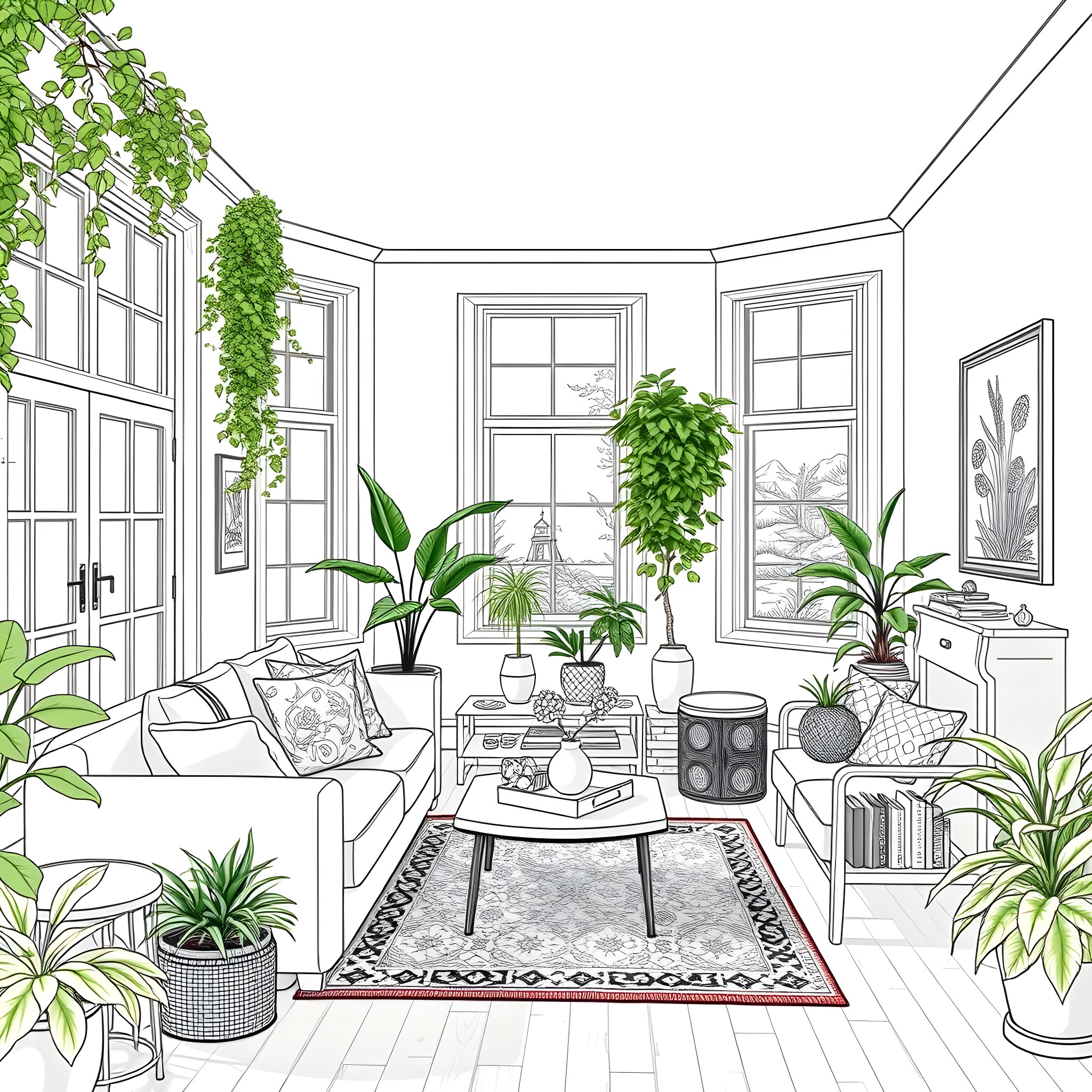 Plant-Filled Cozy Living Room Scene Coloring Page (free black-and-white line drawing printable PDF for all, from beginners to advanced learners, including children, teens, adults, and seniors)