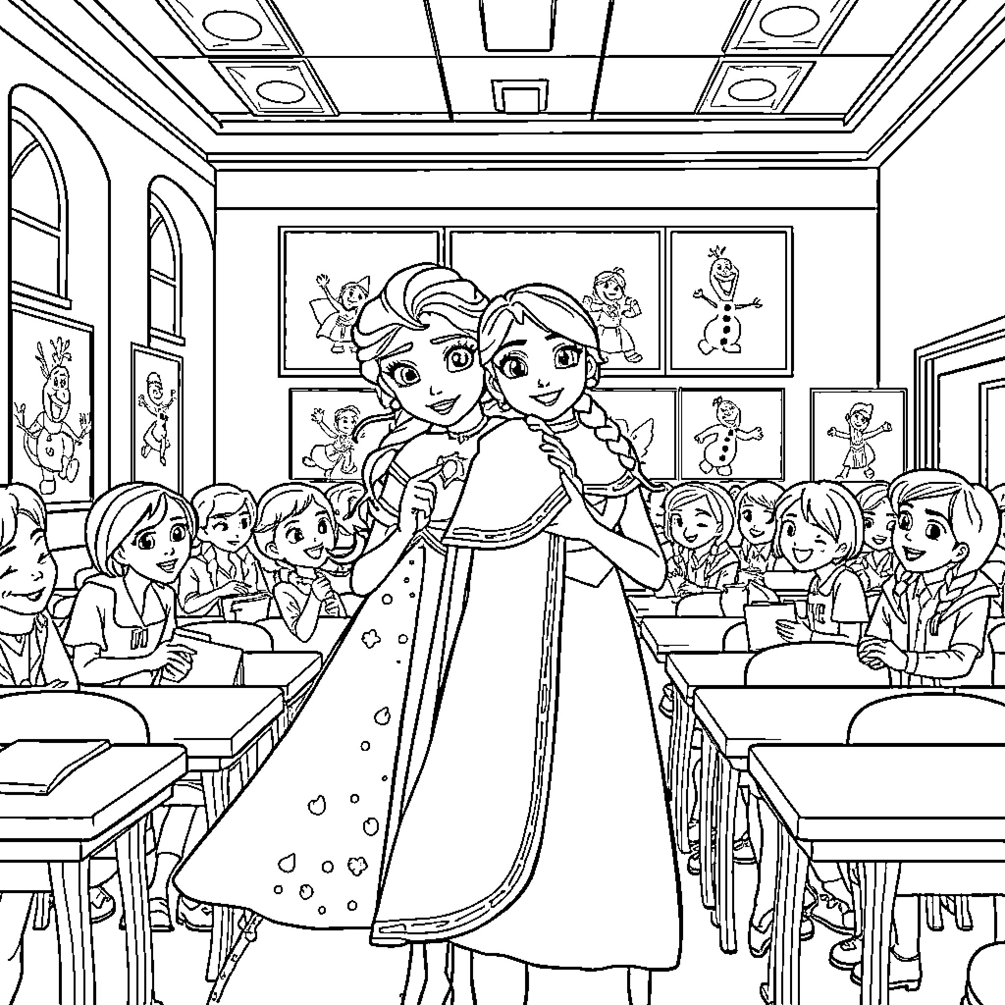 Ana y Elsa in a Classroom with Students Coloring Page (free black-and-white line drawing printable PDF for all, from beginners to advanced learners, including children, teens, adults, and seniors)