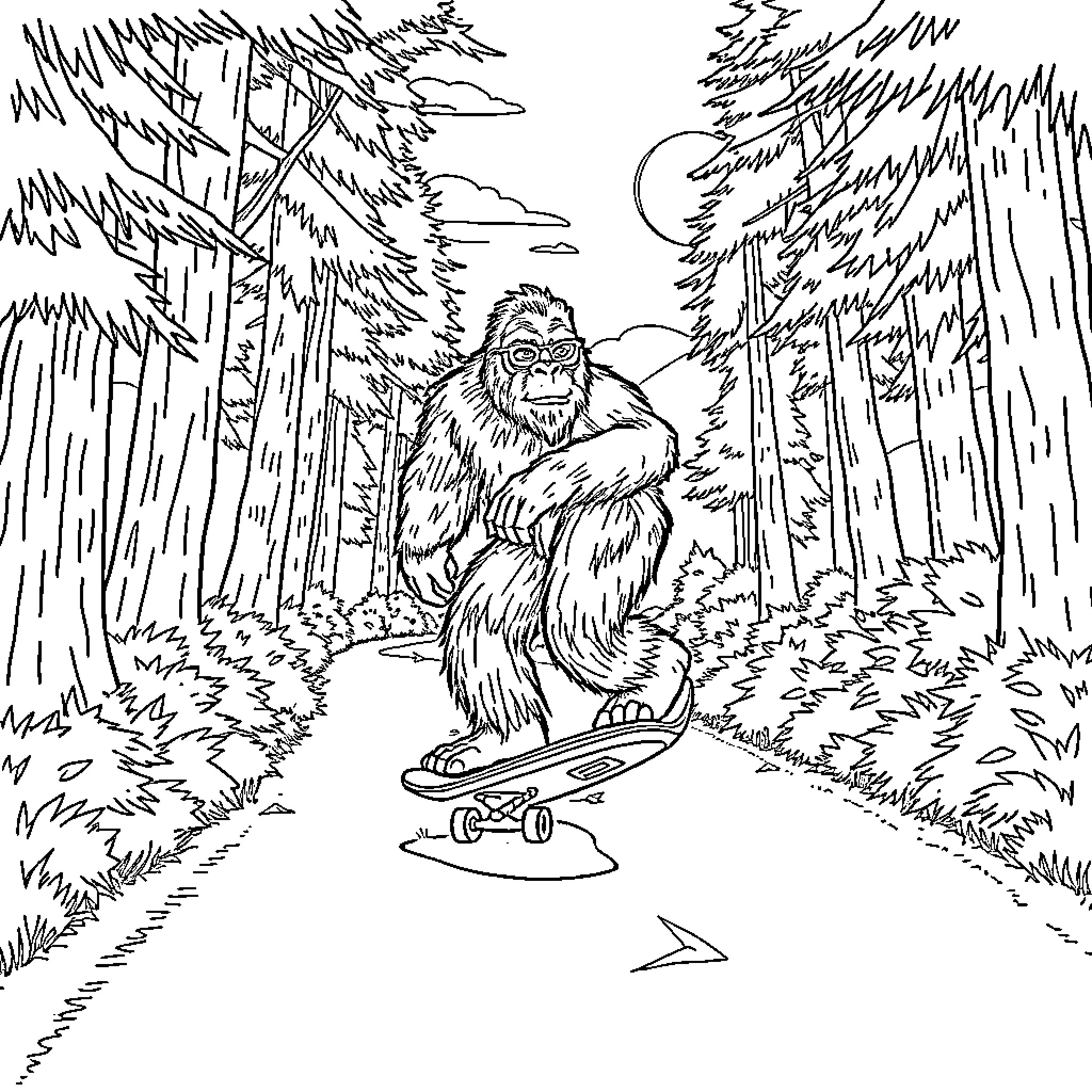 Sasquatch skateboarding in the moonlit forest Coloring Page (free black-and-white line drawing printable PDF for all, from beginners to advanced learners, including children, teens, adults, and seniors)