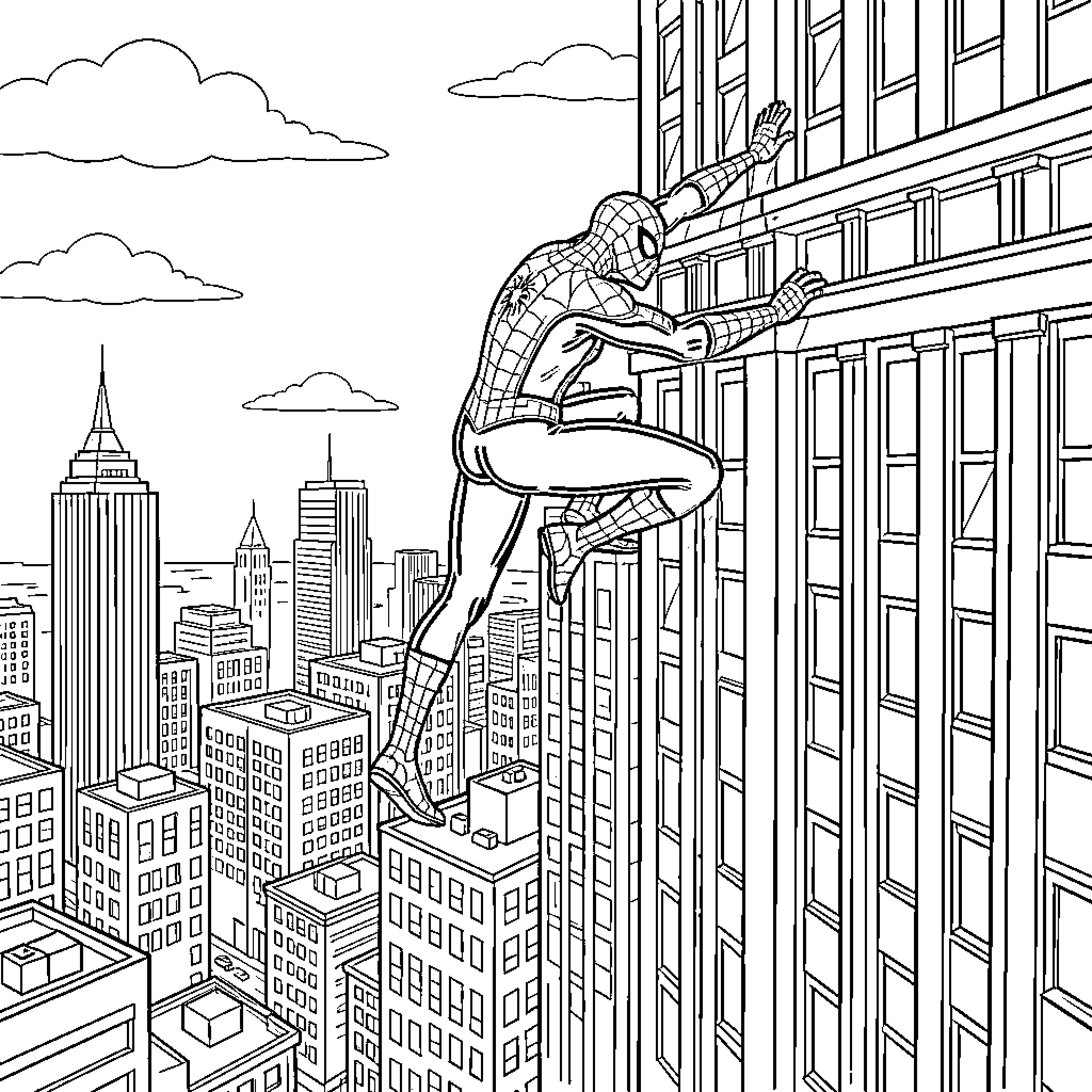 Spiderman climbing up a tall city skyscraper Coloring Page (free black-and-white line drawing printable PDF for all, from beginners to advanced learners, including children, teens, adults, and seniors)