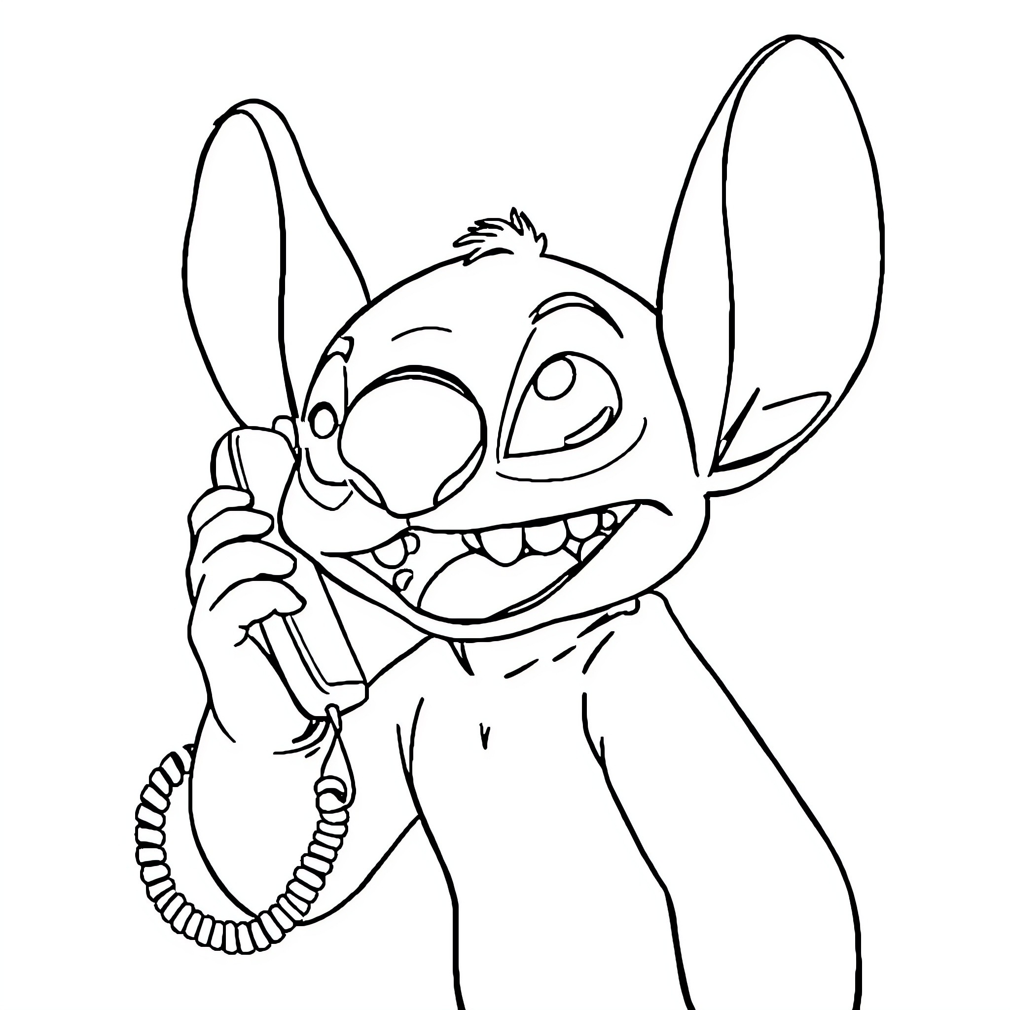 Stitch holding a telephone happily Coloring Page (free black-and-white line drawing printable PDF for all, from beginners to advanced learners, including children, teens, adults, and seniors)