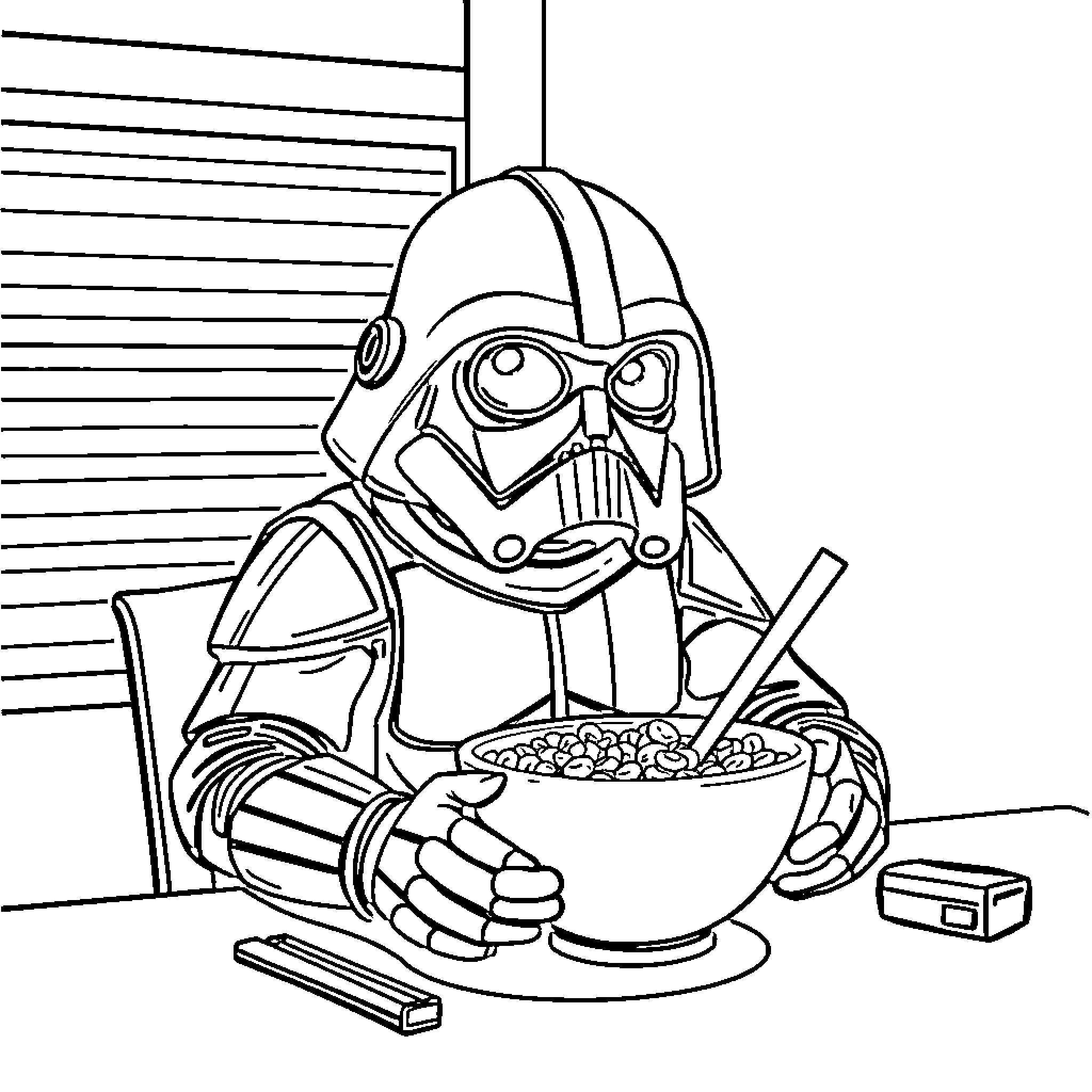 Star Wars Character Enjoying a Breakfast Cereal Break Coloring Page (free black-and-white line drawing printable PDF for all, from beginners to advanced learners, including children, teens, adults, and seniors)