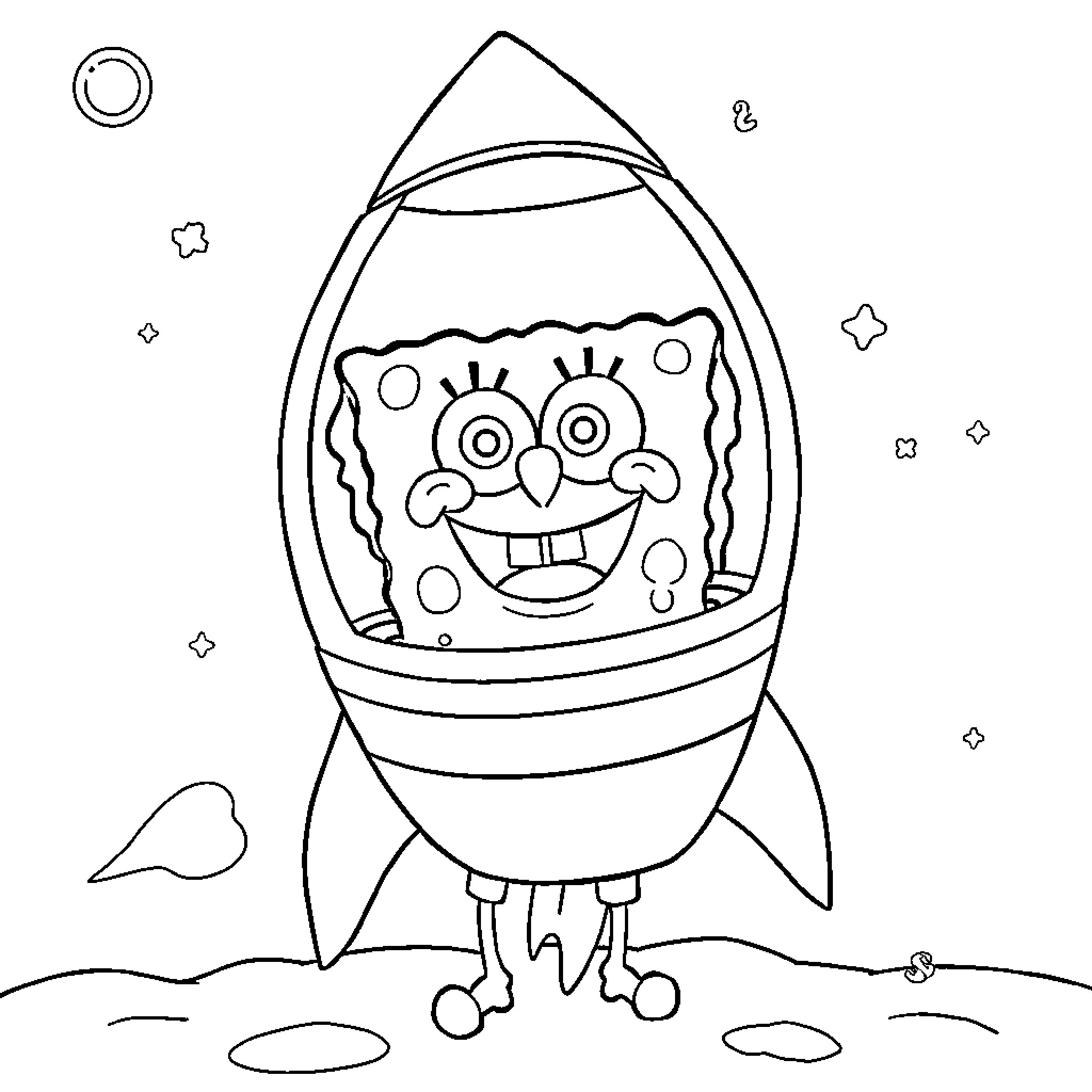 Spongebob blasting off in a rocket ship Coloring Page (free black-and-white line drawing printable PDF for all, from beginners to advanced learners, including children, teens, adults, and seniors)