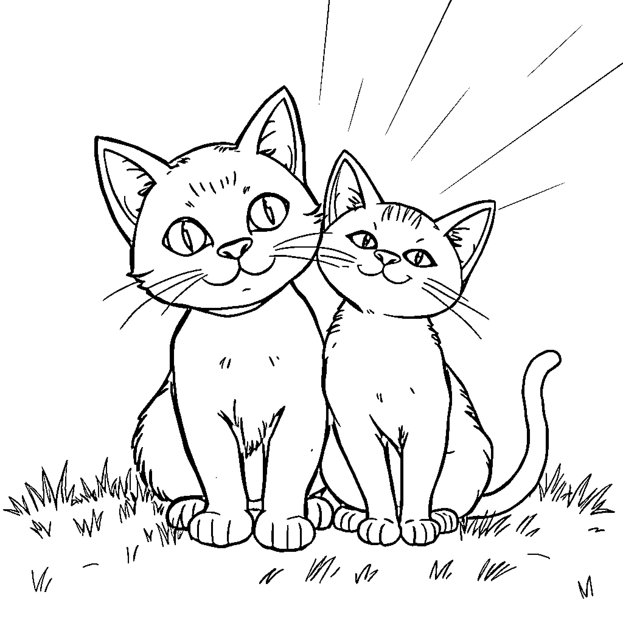 Dog and Cat playing together in the grass Coloring Page (free black-and-white line drawing printable PDF for all, from beginners to advanced learners, including children, teens, adults, and seniors)