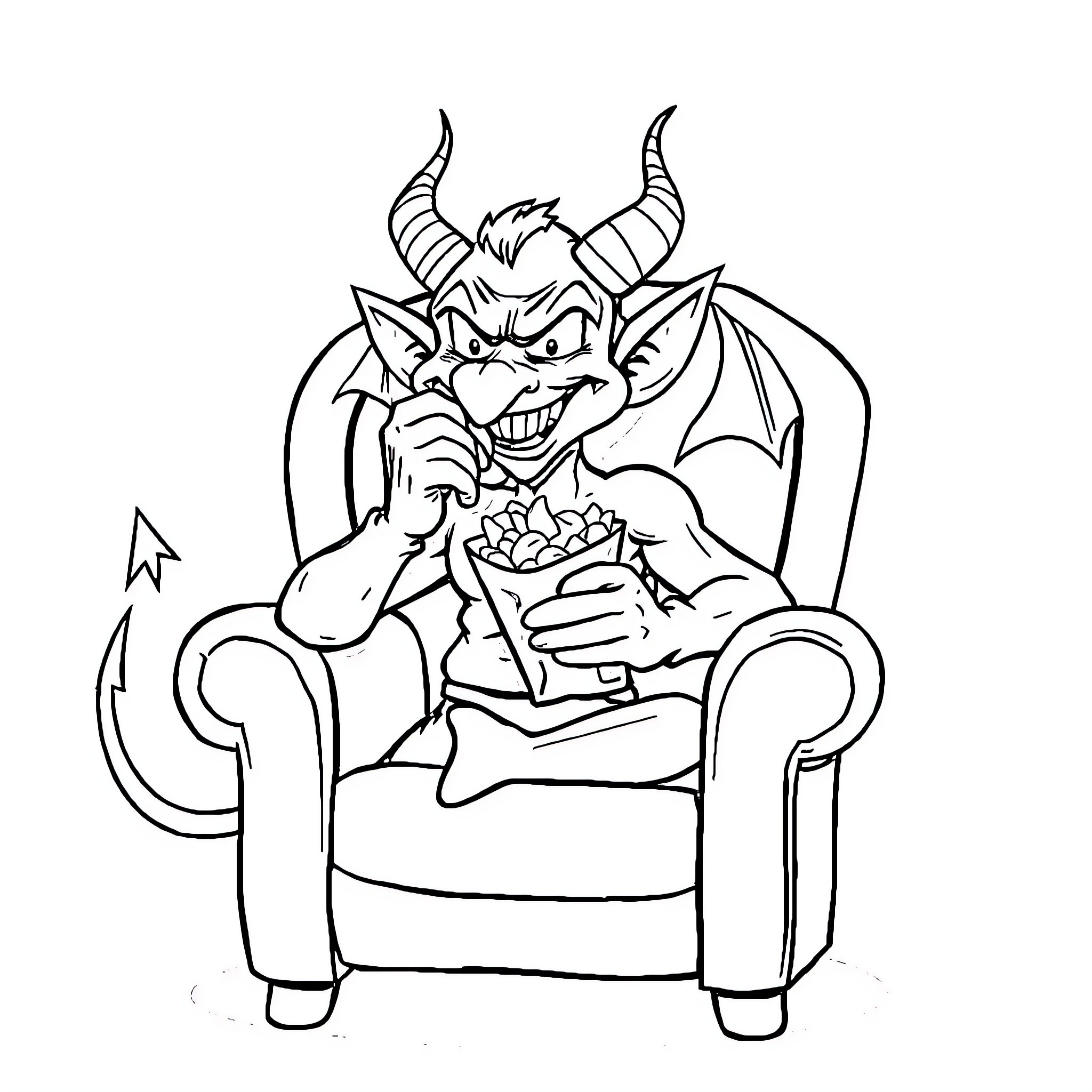 Devil Creature Relaxing and Enjoying Snacks Coloring Page (free black-and-white line drawing printable PDF for all, from beginners to advanced learners, including children, teens, adults, and seniors)
