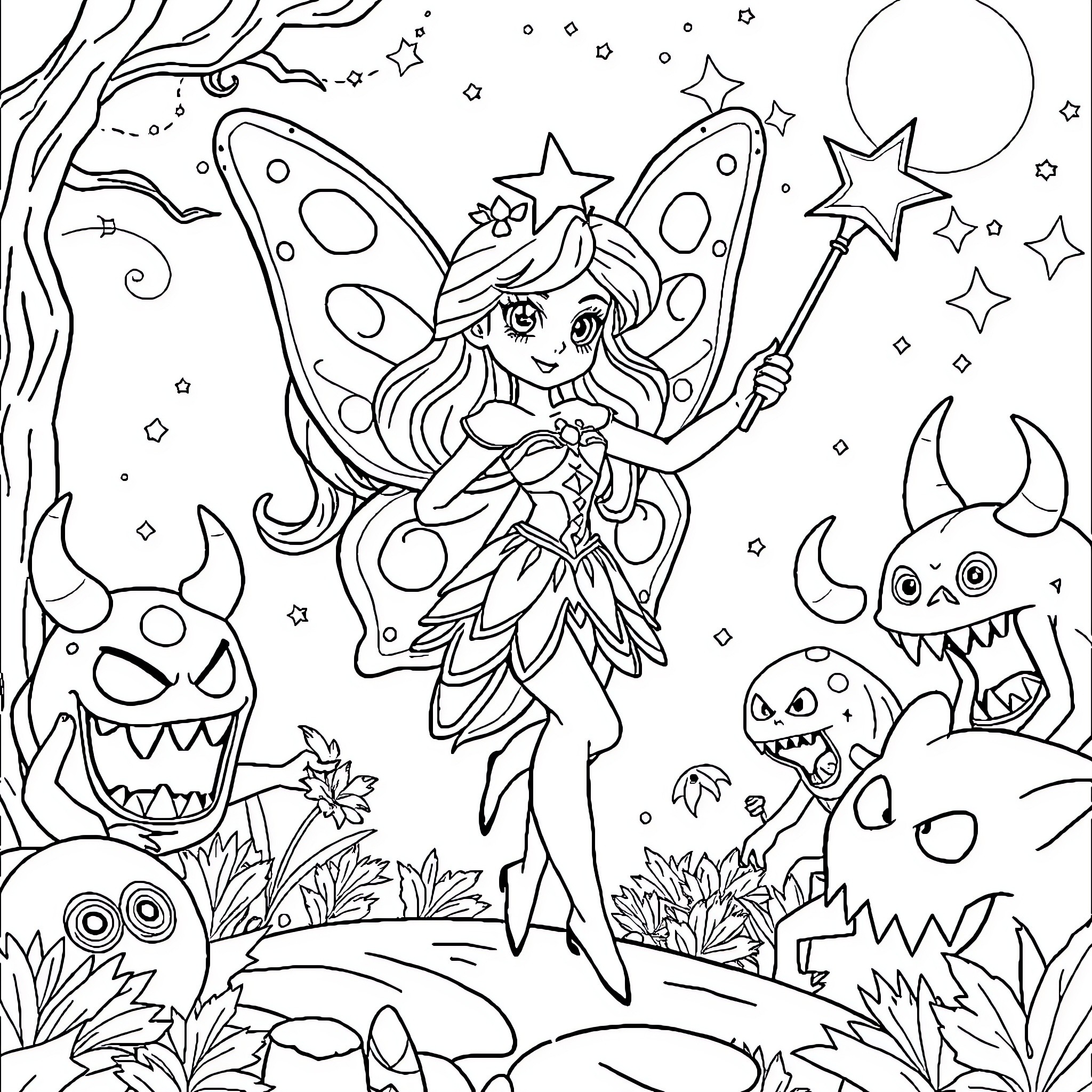 Star Fairy Casting Spells in Enchanted Forest Coloring Page (free black-and-white line drawing printable PDF for all, from beginners to advanced learners, including children, teens, adults, and seniors)