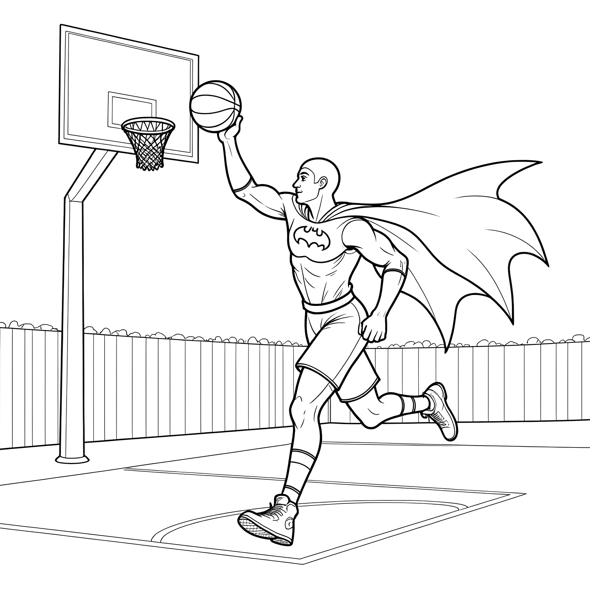 Batman Dunking Basketball on Outdoor Court Coloring Page (free black-and-white line drawing printable PDF for all, from beginners to advanced learners, including children, teens, adults, and seniors)