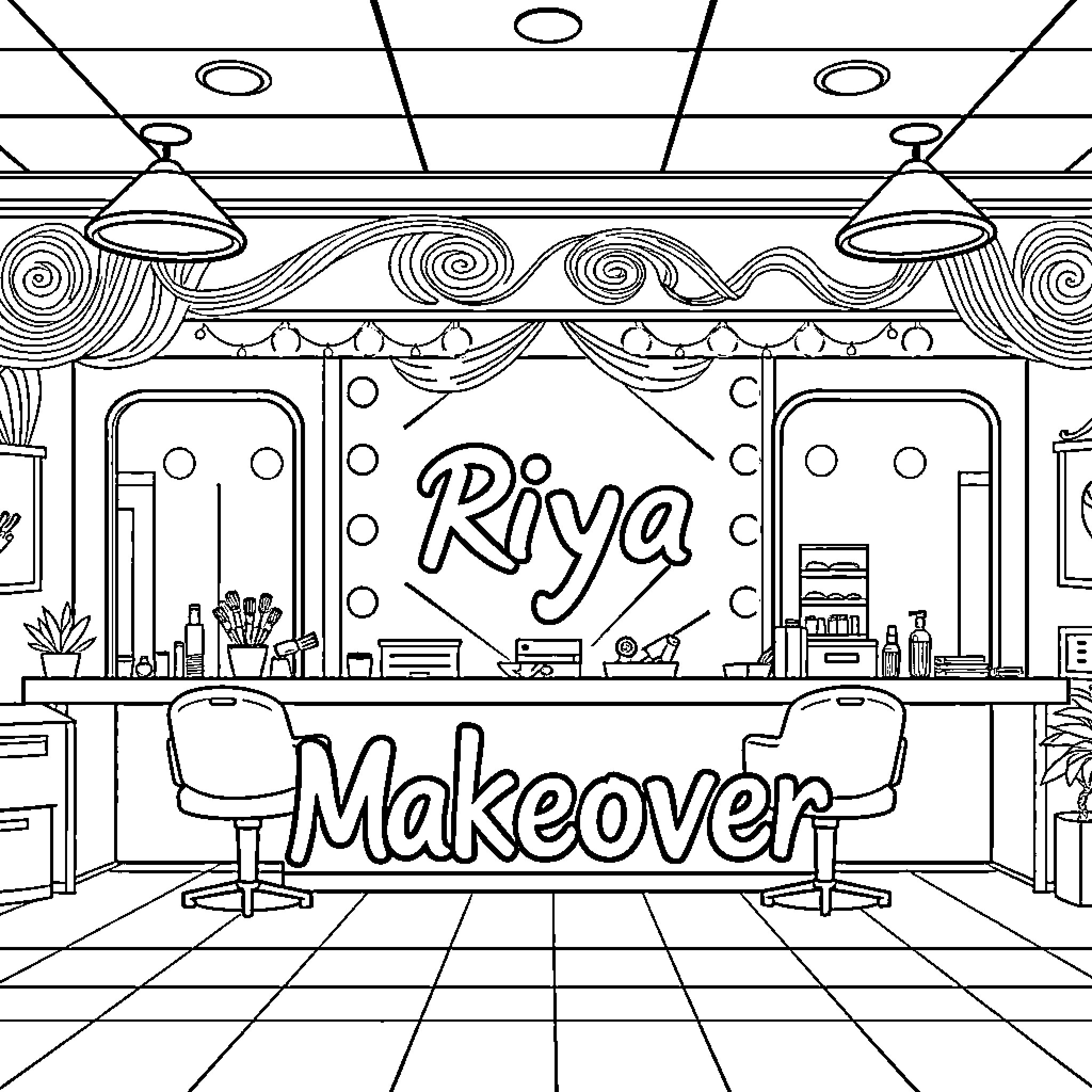 Makeover salon featuring beauty treatments and transformations Coloring Page (free black-and-white line drawing printable PDF for all, from beginners to advanced learners, including children, teens, adults, and seniors)