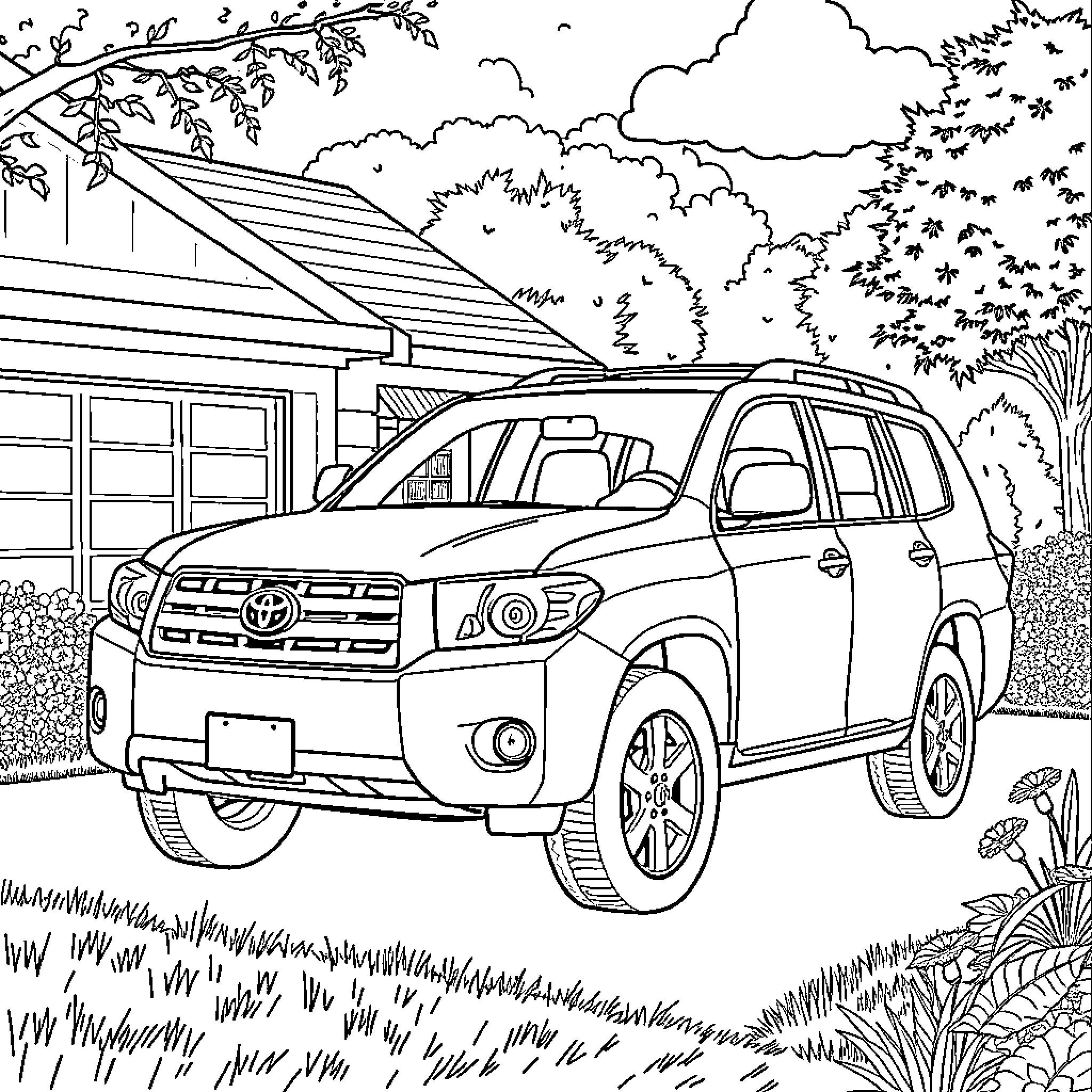 Toyota Highlander parked in a scenic outdoor setting Coloring Page (free black-and-white line drawing printable PDF for all, from beginners to advanced learners, including children, teens, adults, and seniors)