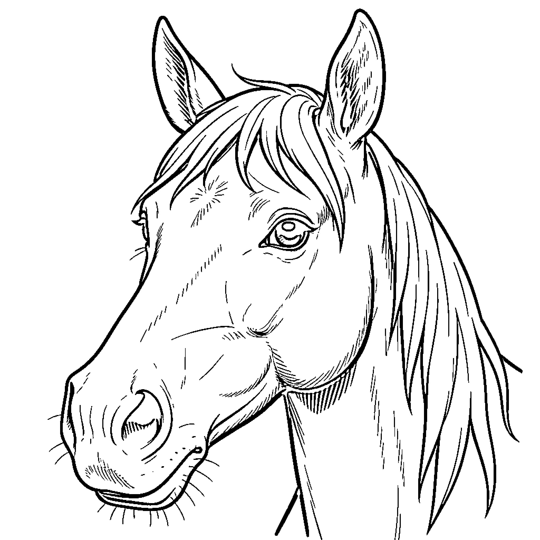 Horse looking forward with a calm expression Coloring Page (free black-and-white line drawing printable PDF for all, from beginners to advanced learners, including children, teens, adults, and seniors)