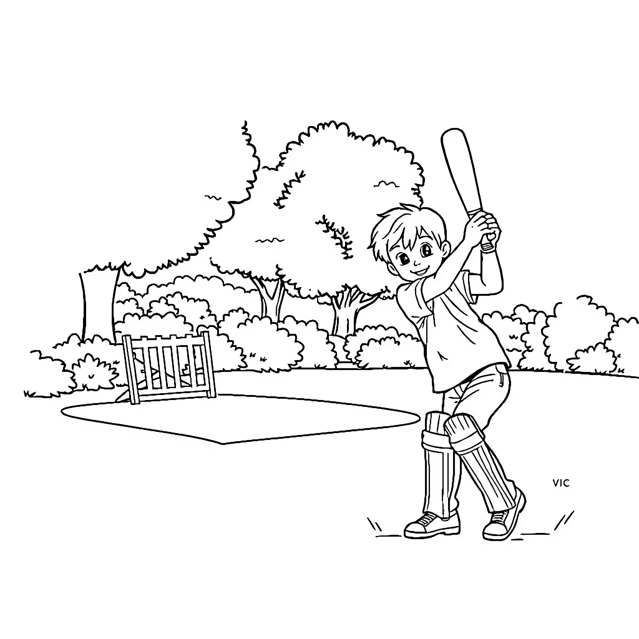 Boy playing cricket in the park Coloring Page (free black-and-white line drawing printable PDF for all, from beginners to advanced learners, including children, teens, adults, and seniors)