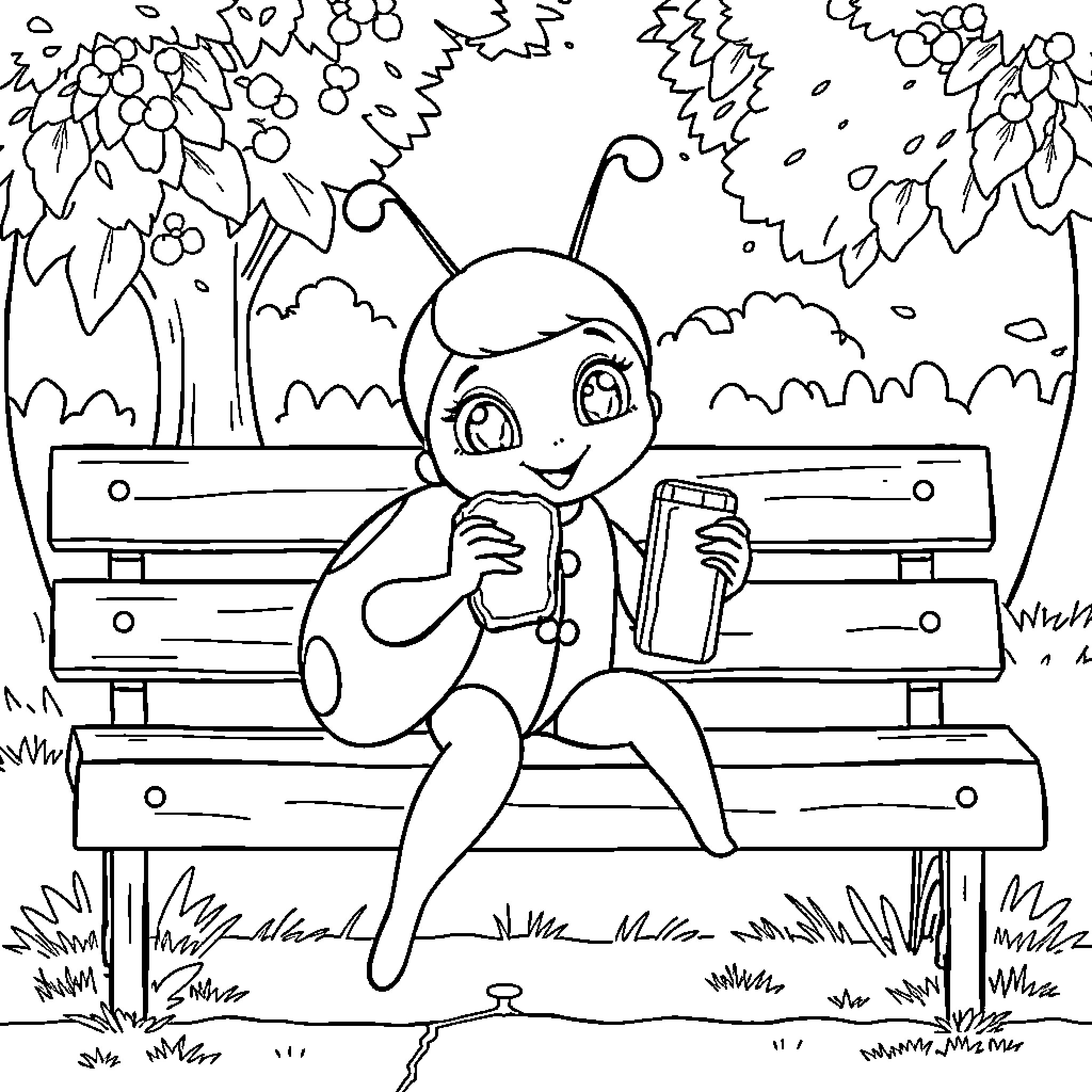 Ladybug reading a book on a bench in nature Coloring Page (free black-and-white line drawing printable PDF for all, from beginners to advanced learners, including children, teens, adults, and seniors)