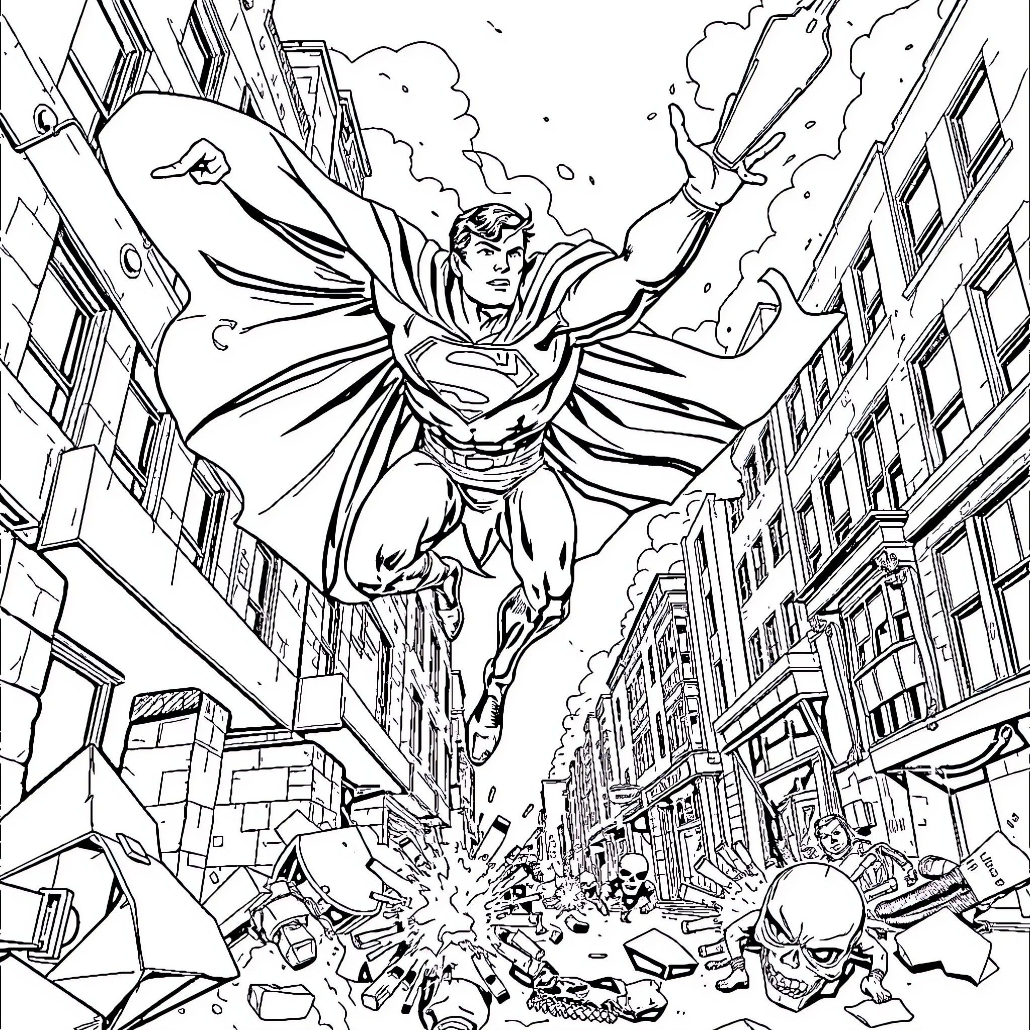 Superman soaring through the city, protecting the citizens Coloring Page (free black-and-white line drawing printable PDF for all, from beginners to advanced learners, including children, teens, adults, and seniors)
