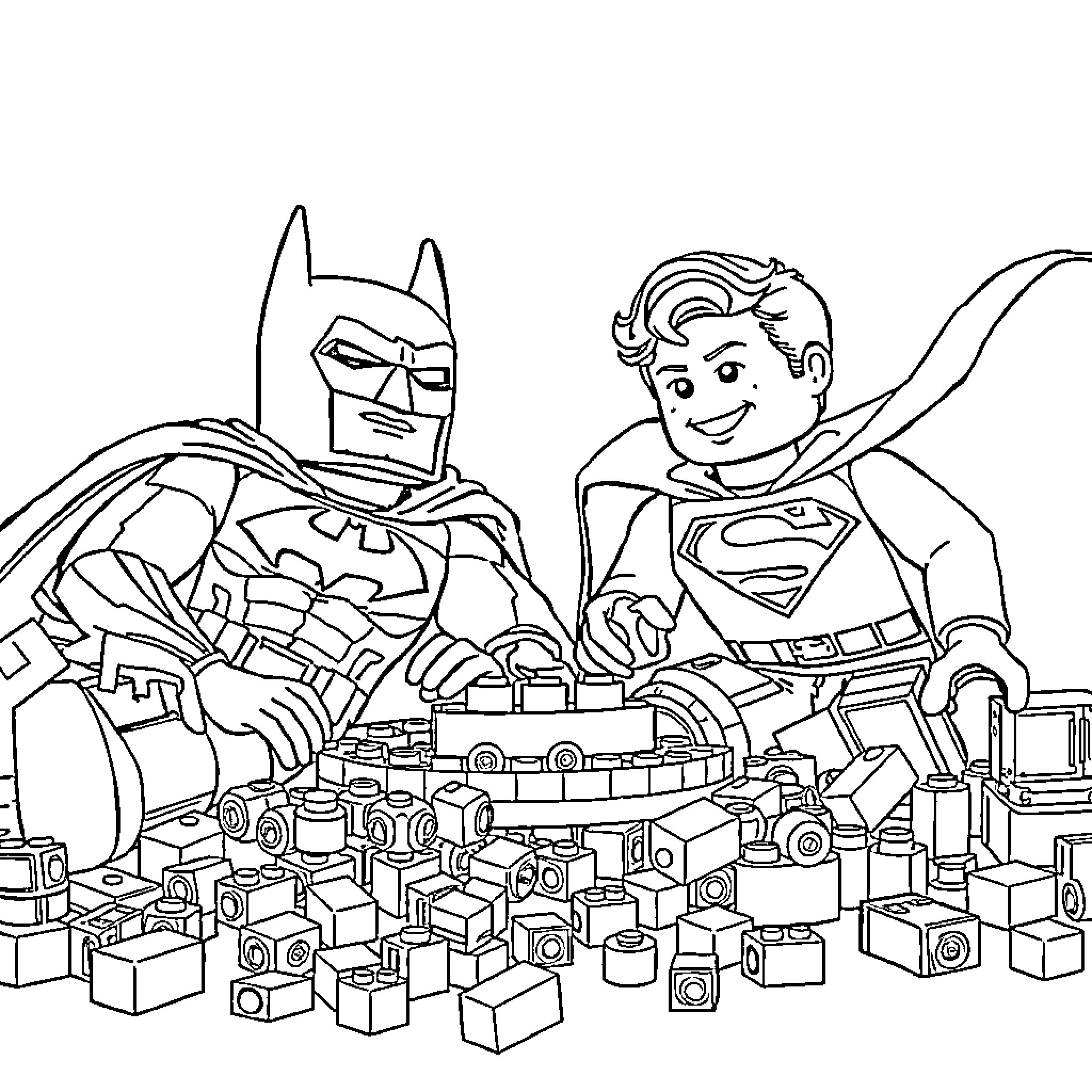 Batman and Superman exploring toy blocks together Coloring Page (free black-and-white line drawing printable PDF for all, from beginners to advanced learners, including children, teens, adults, and seniors)