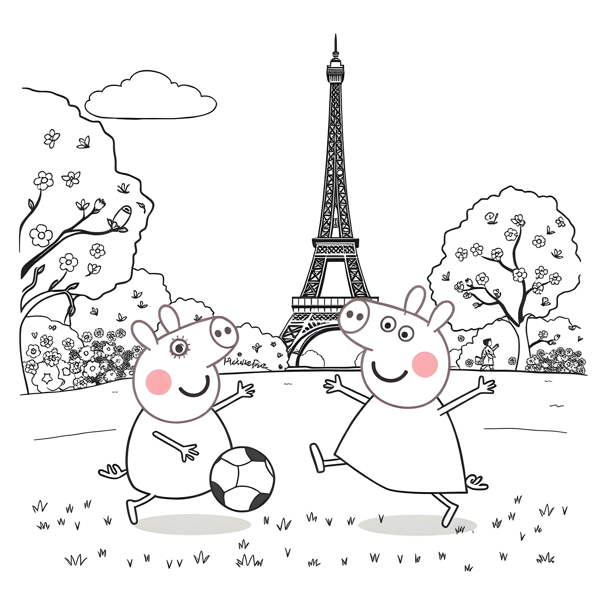 Pepa Pig enjoying a playful day in Paris Coloring Page (free black-and-white line drawing printable PDF for all, from beginners to advanced learners, including children, teens, adults, and seniors)