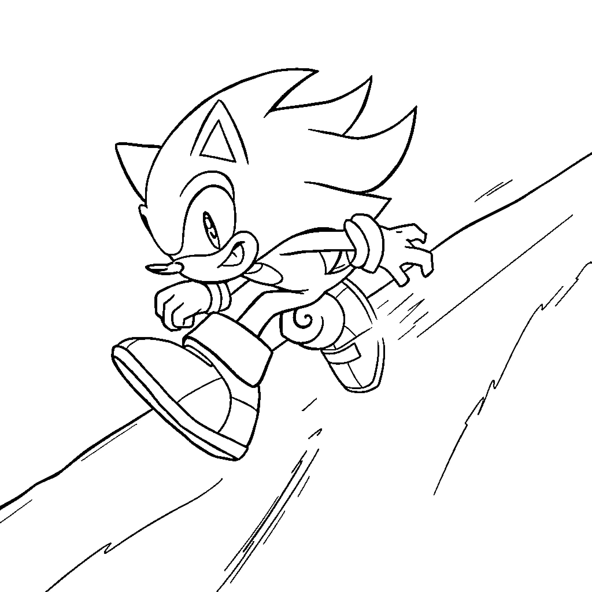 Shadow Sonic the Hedgehog racing with speed Coloring Page (free black-and-white line drawing printable PDF for all, from beginners to advanced learners, including children, teens, adults, and seniors)