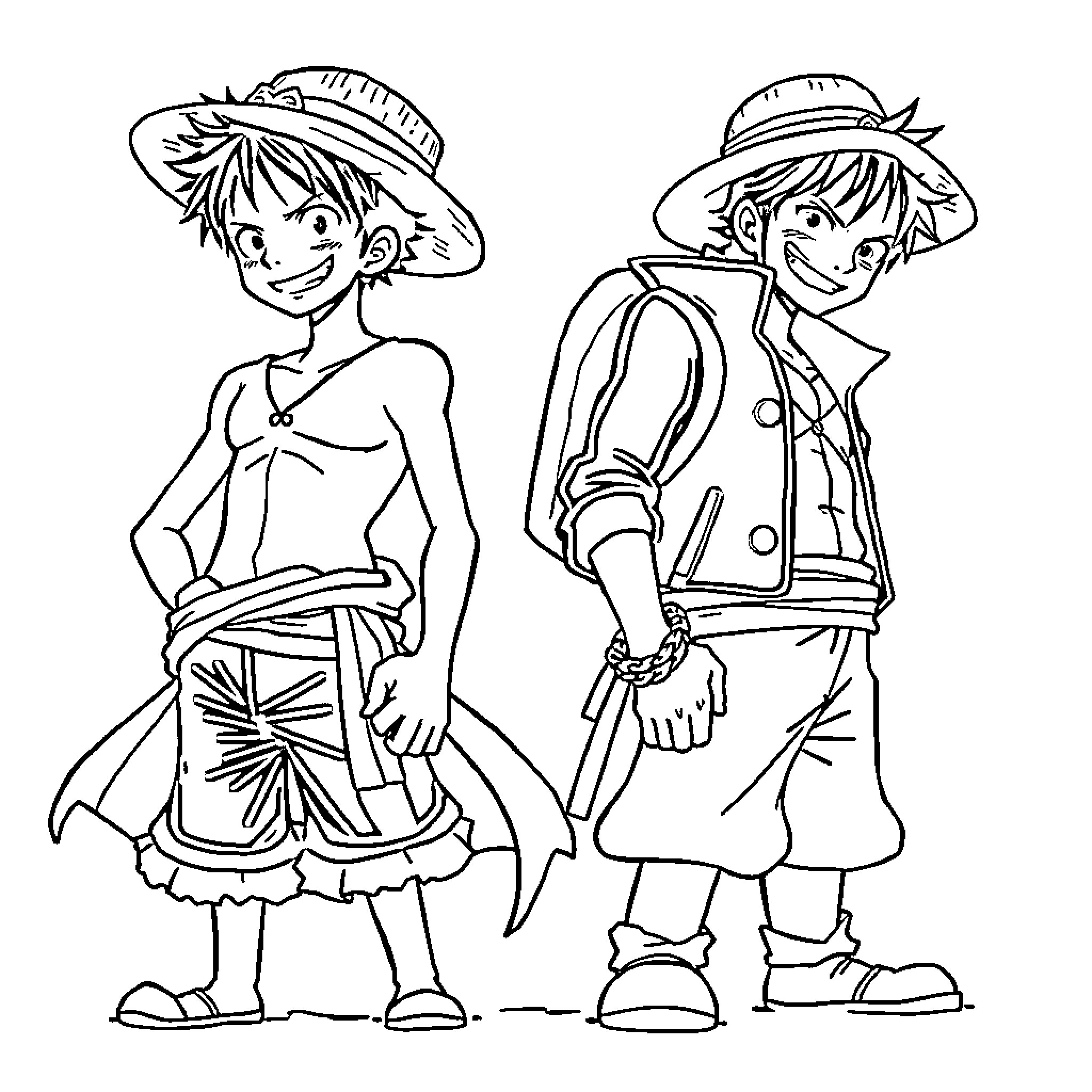 Zoro and Luffy in vibrant adventure Coloring Page (free black-and-white line drawing printable PDF for all, from beginners to advanced learners, including children, teens, adults, and seniors)