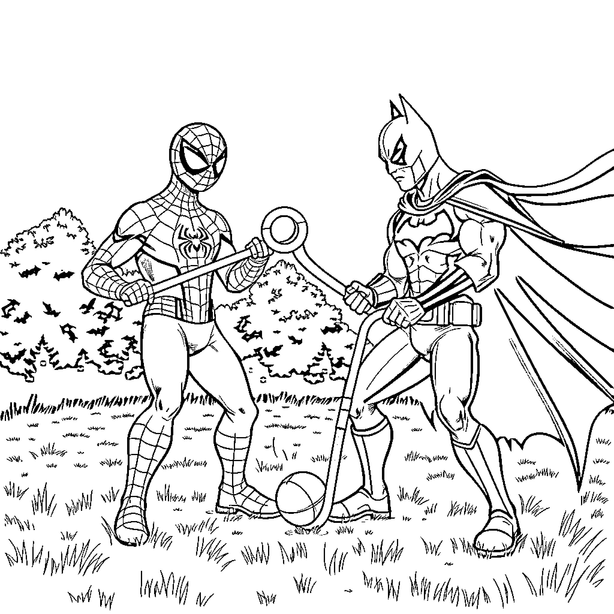 Spiderman and Batman Team Up for Adventure Coloring Page (free black-and-white line drawing printable PDF for all, from beginners to advanced learners, including children, teens, adults, and seniors)