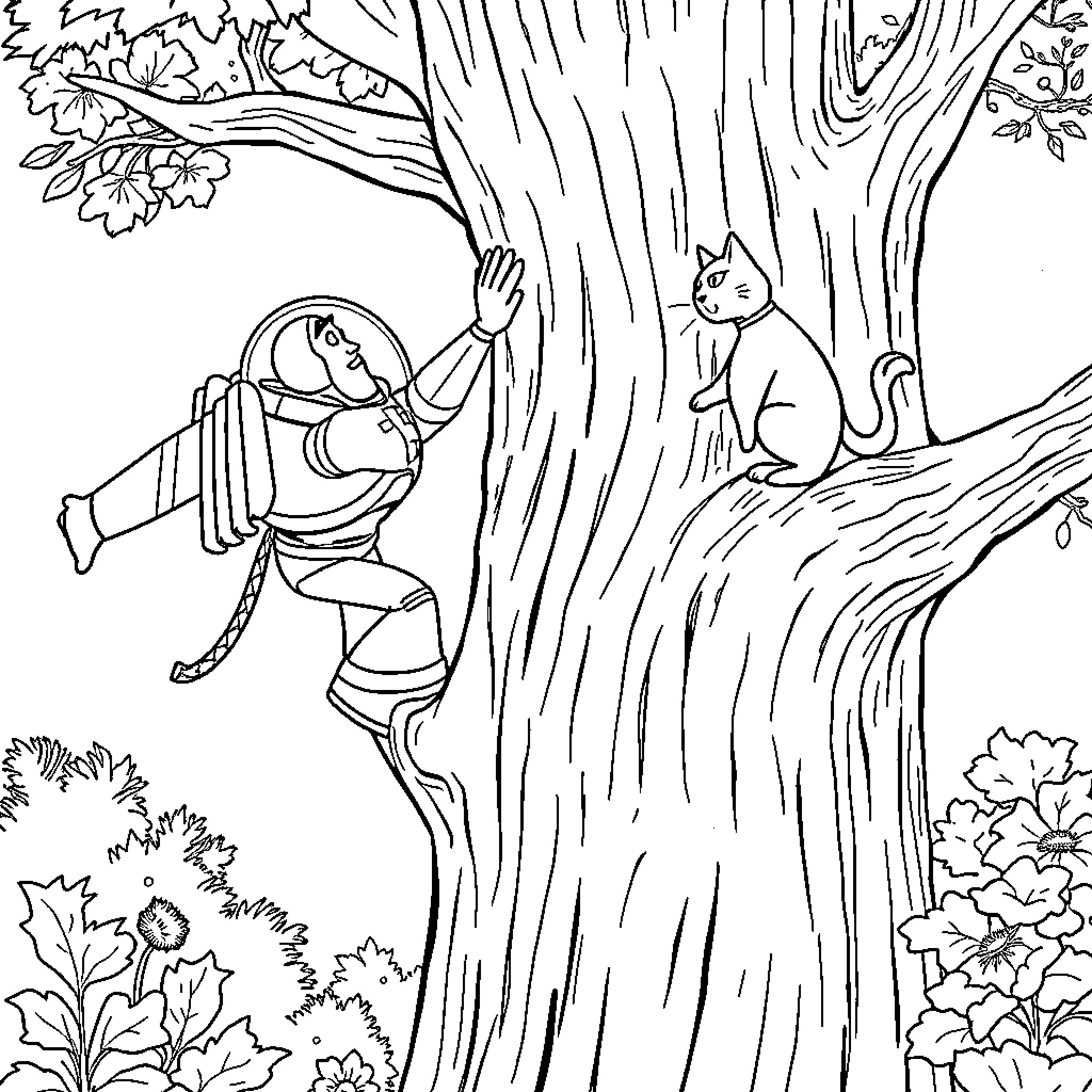 Buzz Lightyear scaling a tree in the forest Coloring Page (free black-and-white line drawing printable PDF for all, from beginners to advanced learners, including children, teens, adults, and seniors)