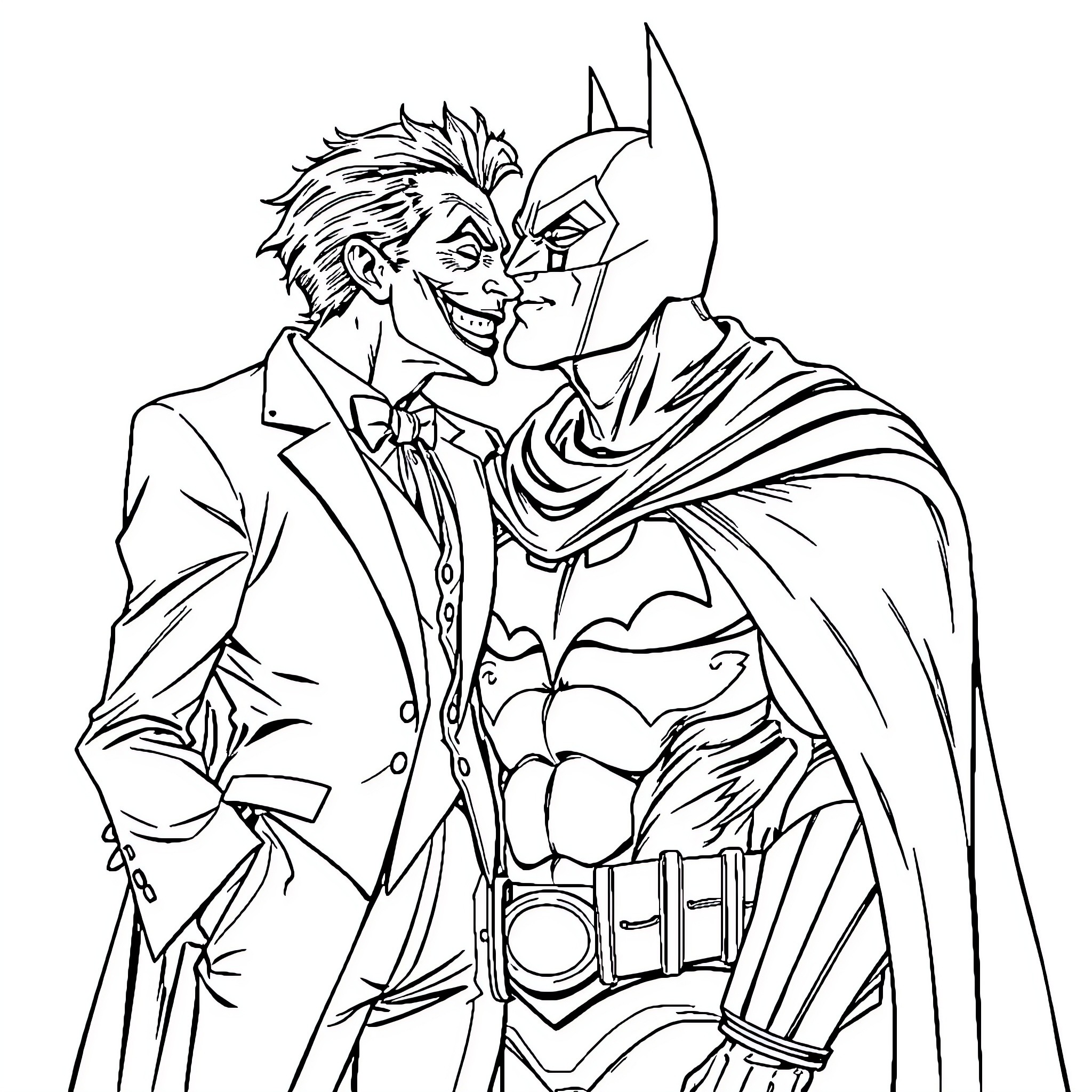 Joker confronting the Caped Crusader in tense standoff Coloring Page (free black-and-white line drawing printable PDF for all, from beginners to advanced learners, including children, teens, adults, and seniors)
