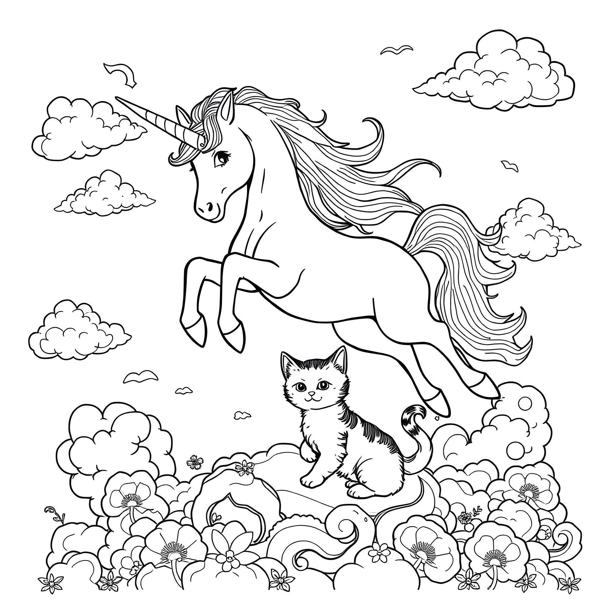 Unicorn soaring through the clouds with a playful kitten Coloring Page (free black-and-white line drawing printable PDF for all, from beginners to advanced learners, including children, teens, adults, and seniors)