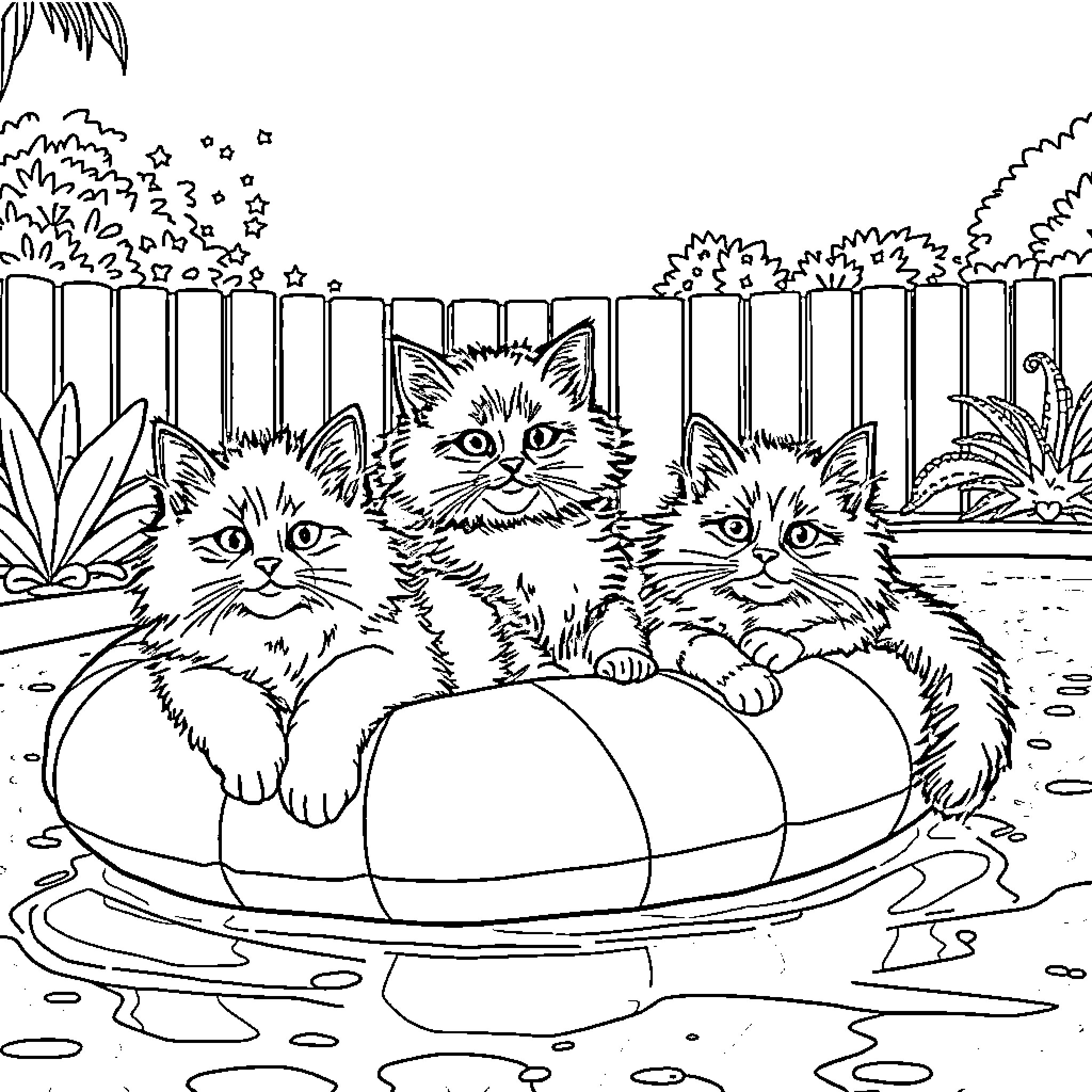 Cat kittens playing in a pool Coloring Page (free black-and-white line drawing printable PDF for all, from beginners to advanced learners, including children, teens, adults, and seniors)
