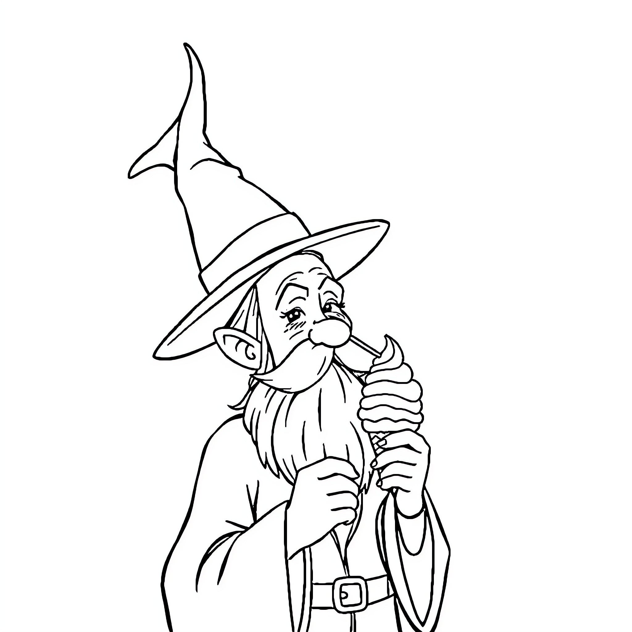 Wizard casting a spell with a wand Coloring Page (free black-and-white line drawing printable PDF for all, from beginners to advanced learners, including children, teens, adults, and seniors)
