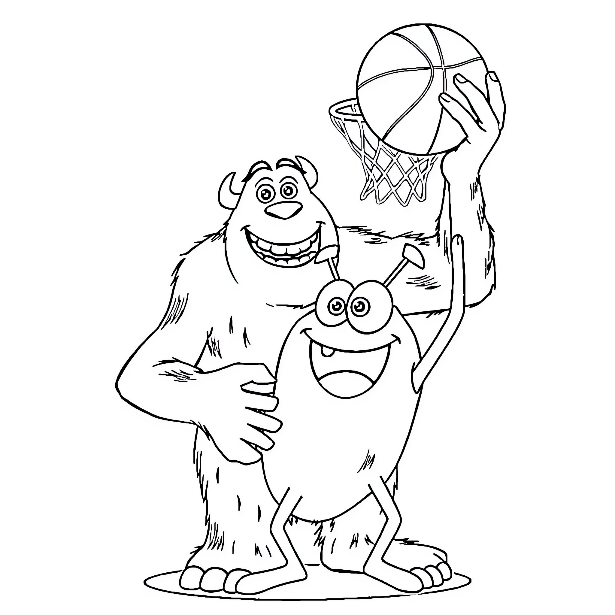 Sully and Mike playing basketball happily Coloring Page (free black-and-white line drawing printable PDF for all, from beginners to advanced learners, including children, teens, adults, and seniors)
