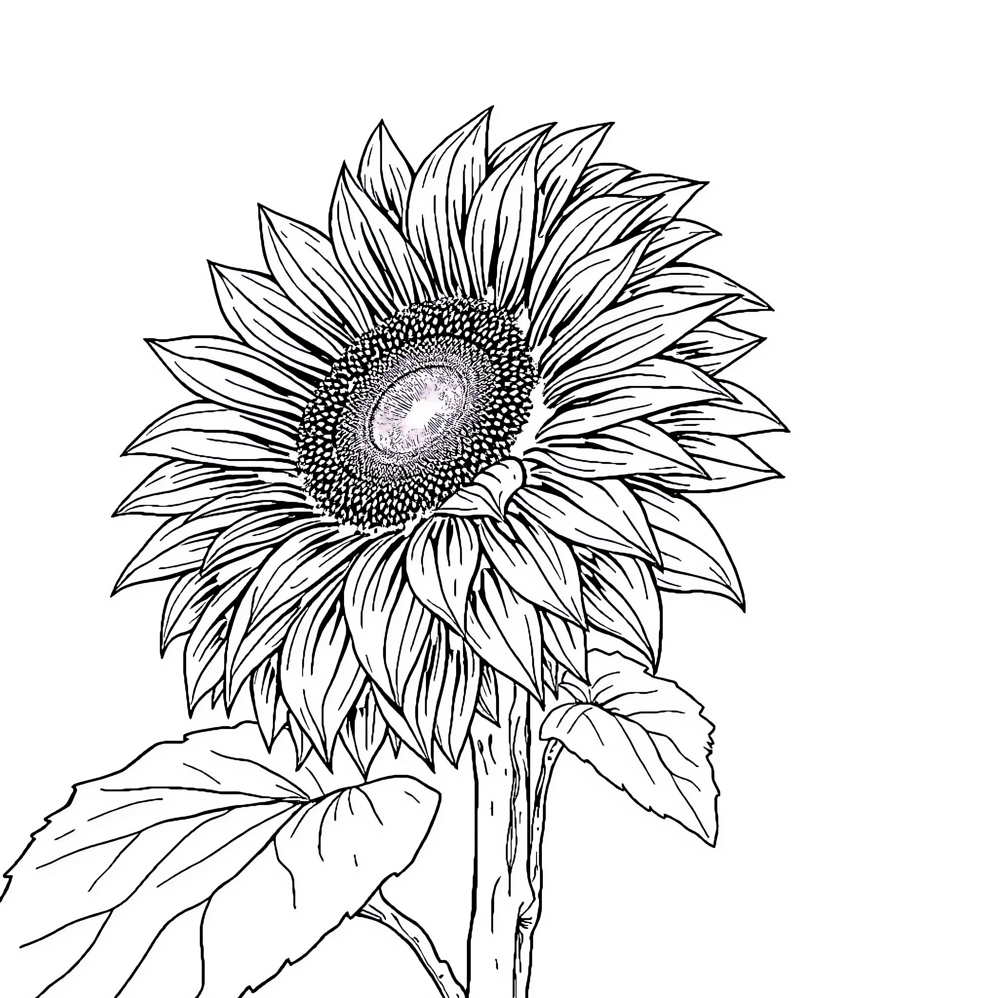 Sunflower in detailed black and white sketch Coloring Page (free black-and-white line drawing printable PDF for all, from beginners to advanced learners, including children, teens, adults, and seniors)