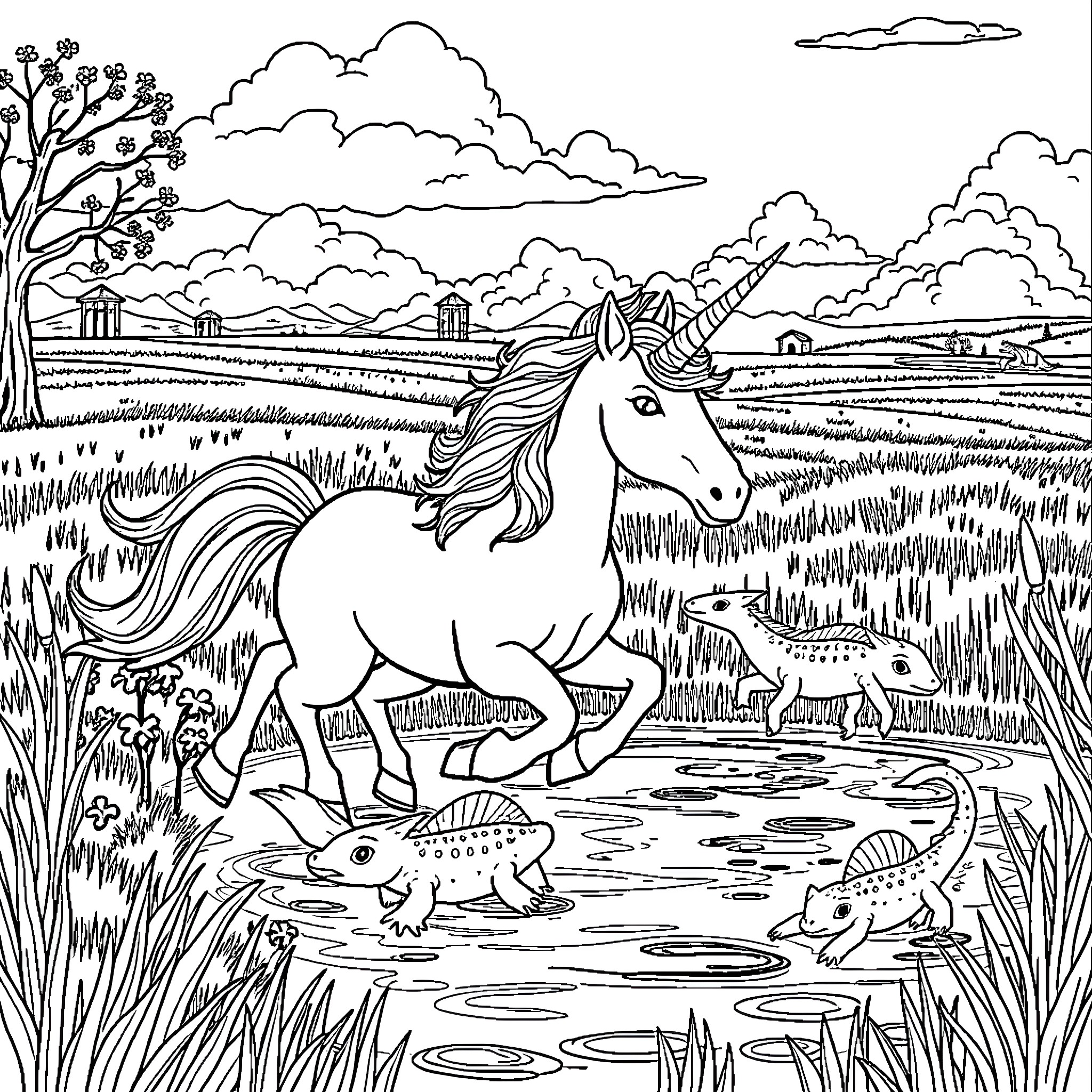 Unicorn galloping through a lush pastoral landscape Coloring Page (free black-and-white line drawing printable PDF for all, from beginners to advanced learners, including children, teens, adults, and seniors)