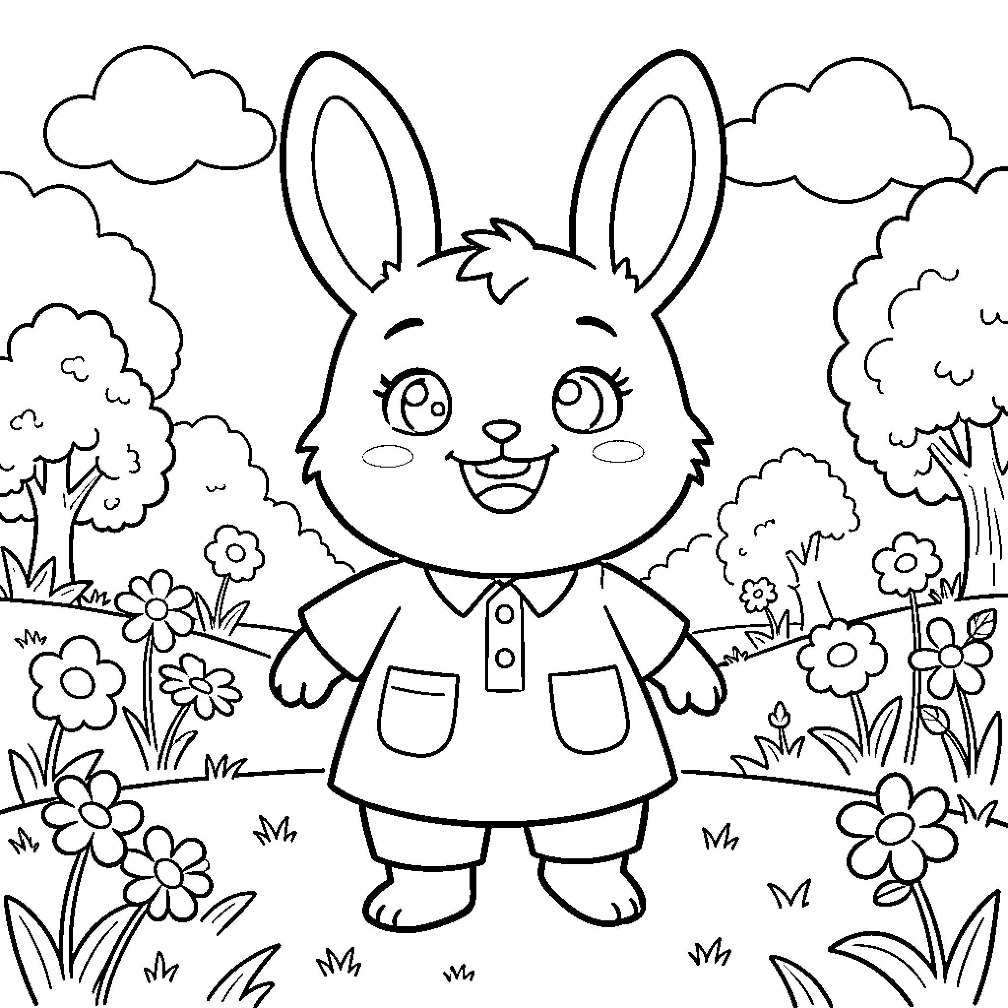 Tchoupi standing happily in a flowery meadow Coloring Page (free black-and-white line drawing printable PDF for all, from beginners to advanced learners, including children, teens, adults, and seniors)