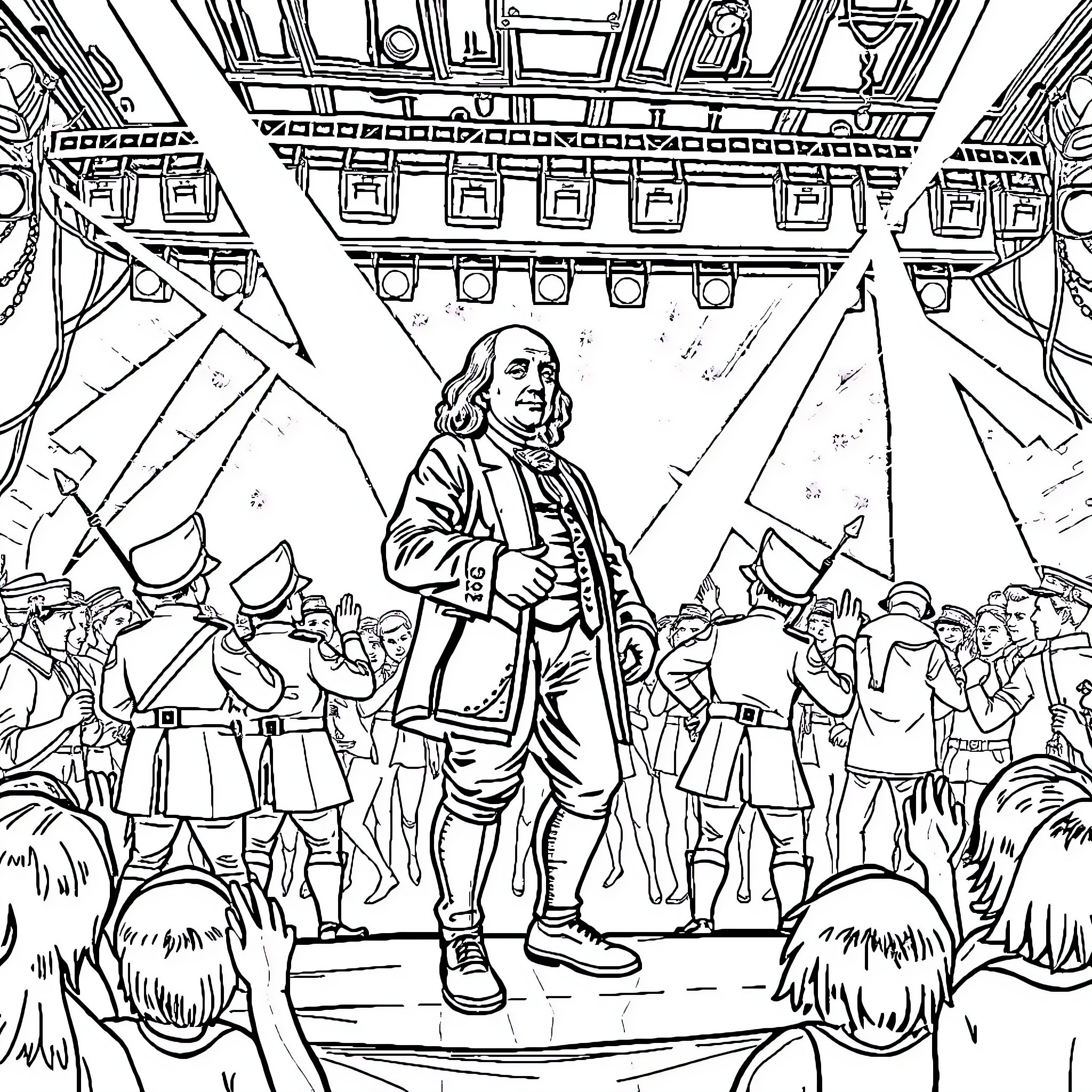 Ben Franklin delivering an inspiring speech in front of a crowd Coloring Page (free black-and-white line drawing printable PDF for all, from beginners to advanced learners, including children, teens, adults, and seniors)