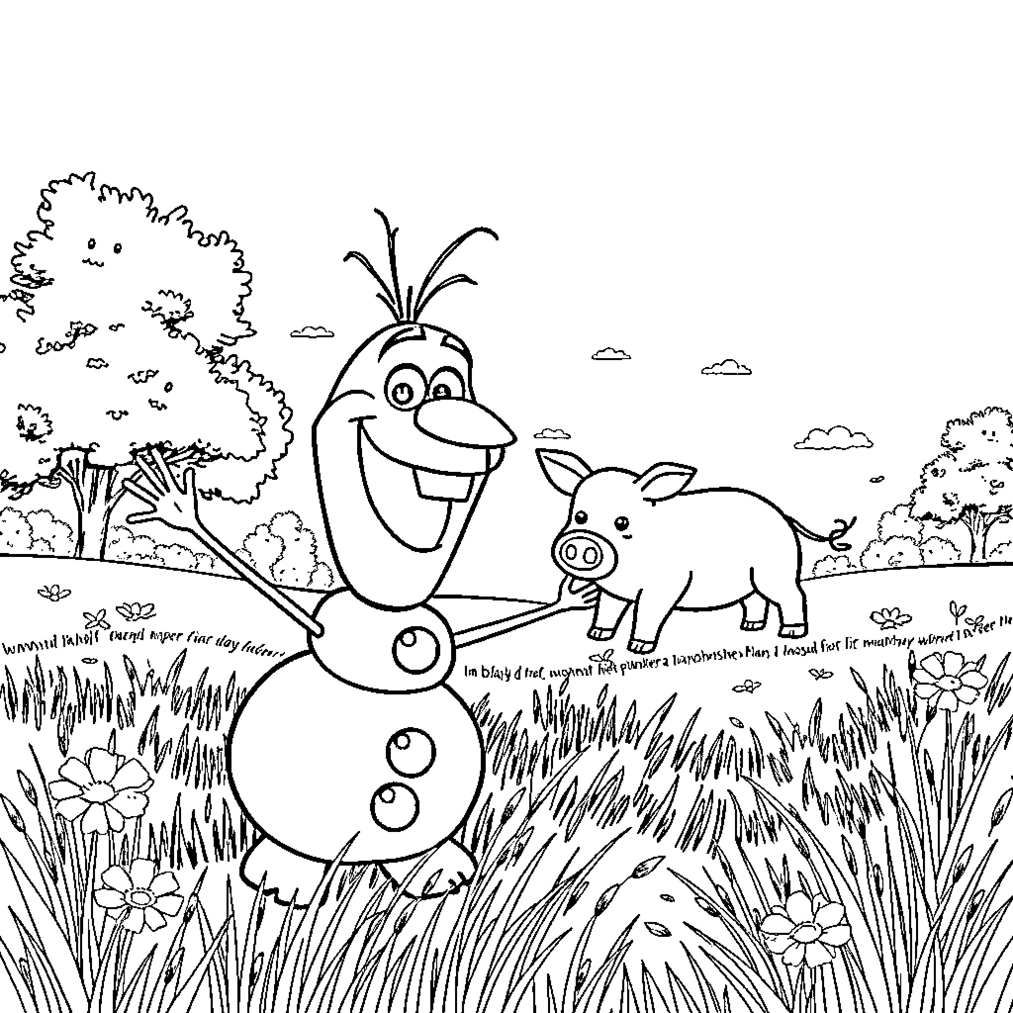 Olaf enjoys the outdoors with animal friends Coloring Page (free black-and-white line drawing printable PDF for all, from beginners to advanced learners, including children, teens, adults, and seniors)