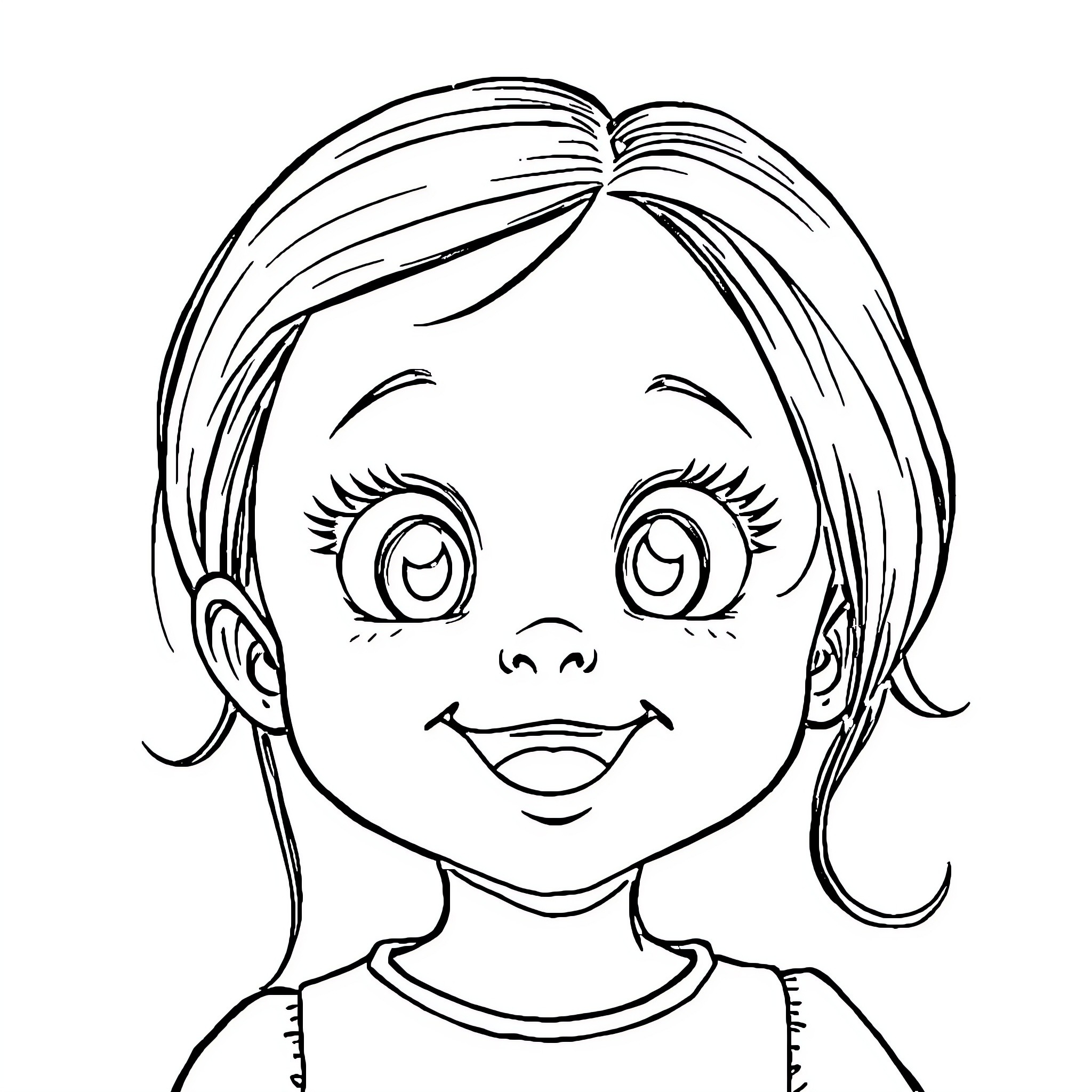 Girl with happy expression and wavy hair Coloring Page (free black-and-white line drawing printable PDF for all, from beginners to advanced learners, including children, teens, adults, and seniors)