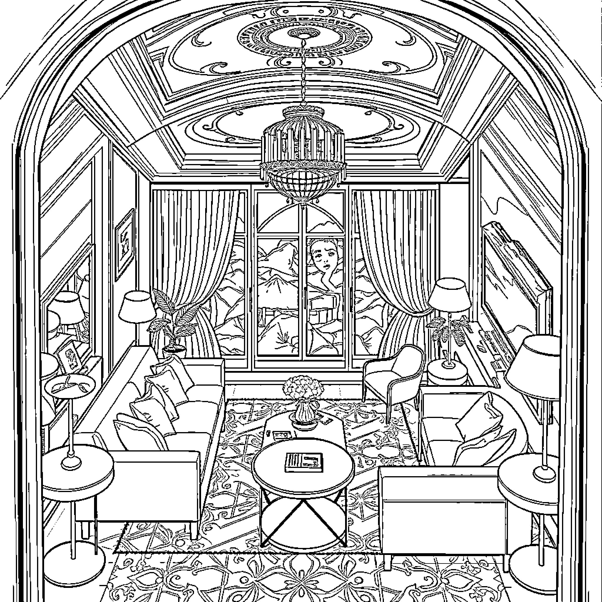 Hotel Luxurious Interior with Opulent Furnishings Coloring Page (free black-and-white line drawing printable PDF for all, from beginners to advanced learners, including children, teens, adults, and seniors)